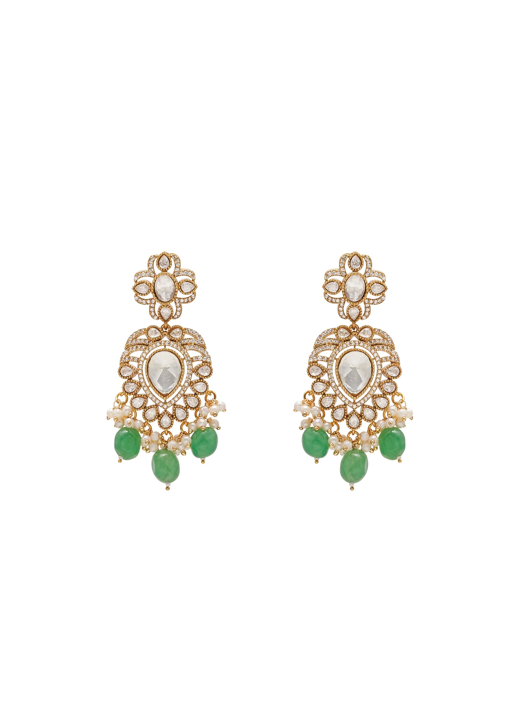Green And Gold Floral Pendant Necklace Set With Maangtikka - Image 4
