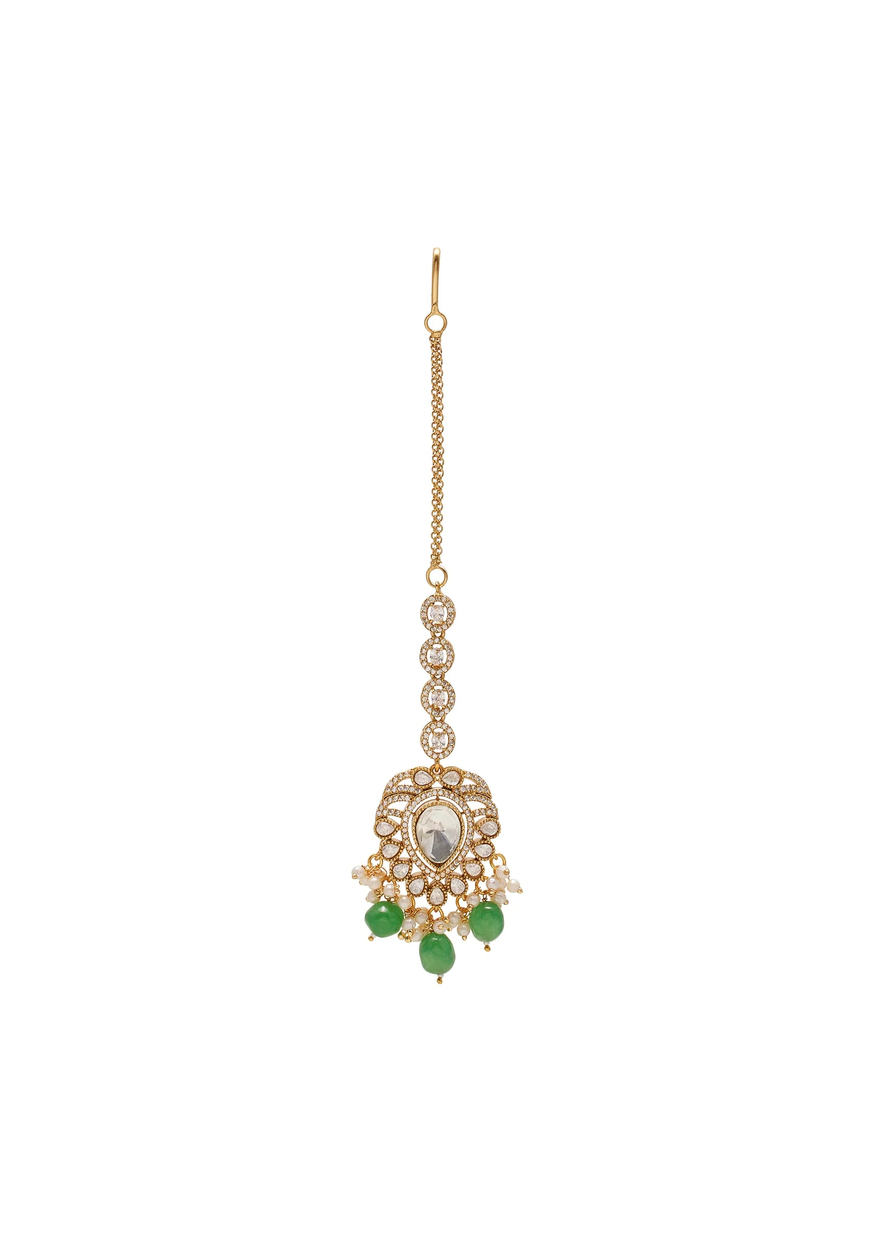 Green And Gold Floral Pendant Necklace Set With Maangtikka - Image 6