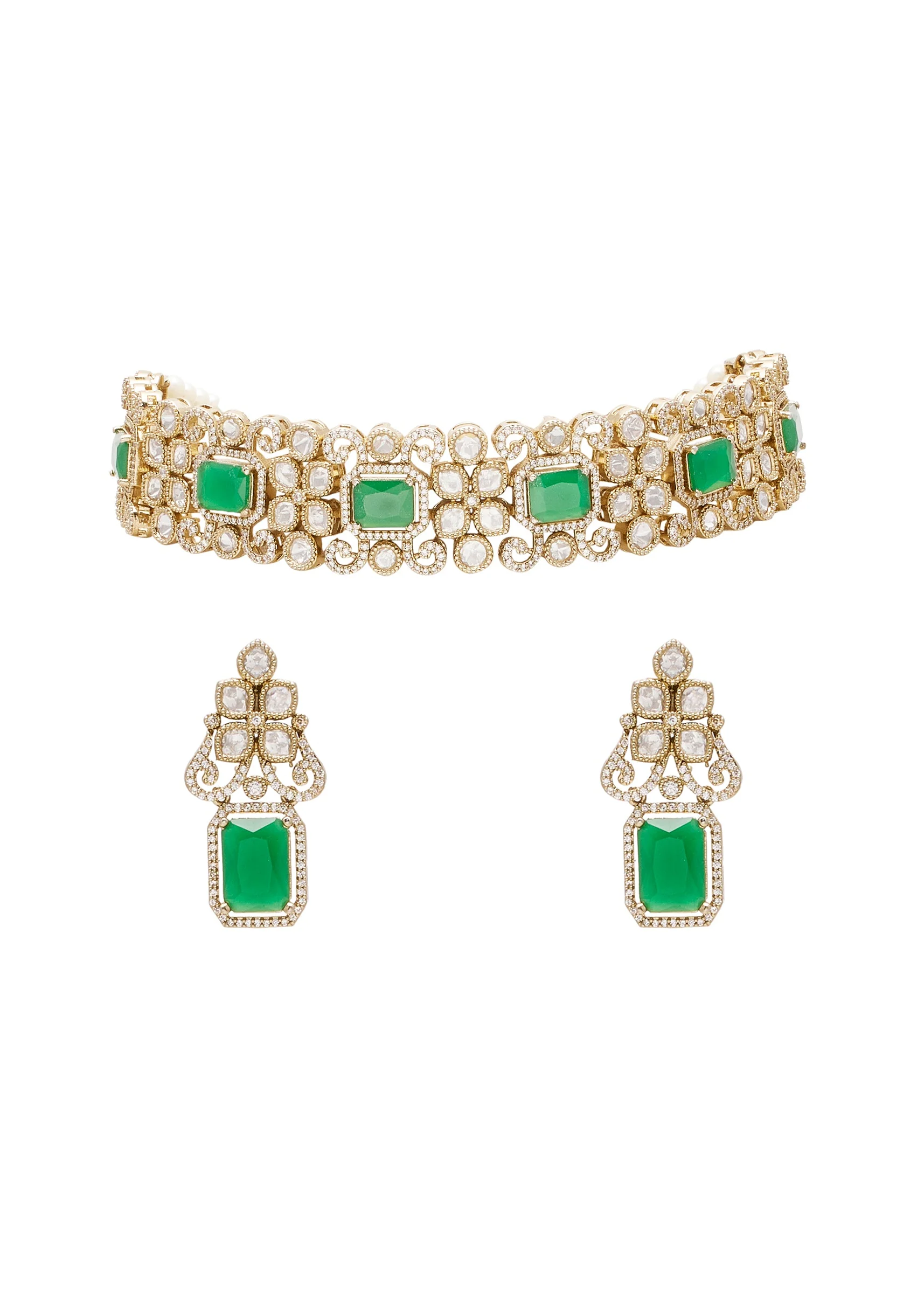 Green And Gold Geometric Pendant Necklace Set - Image 2