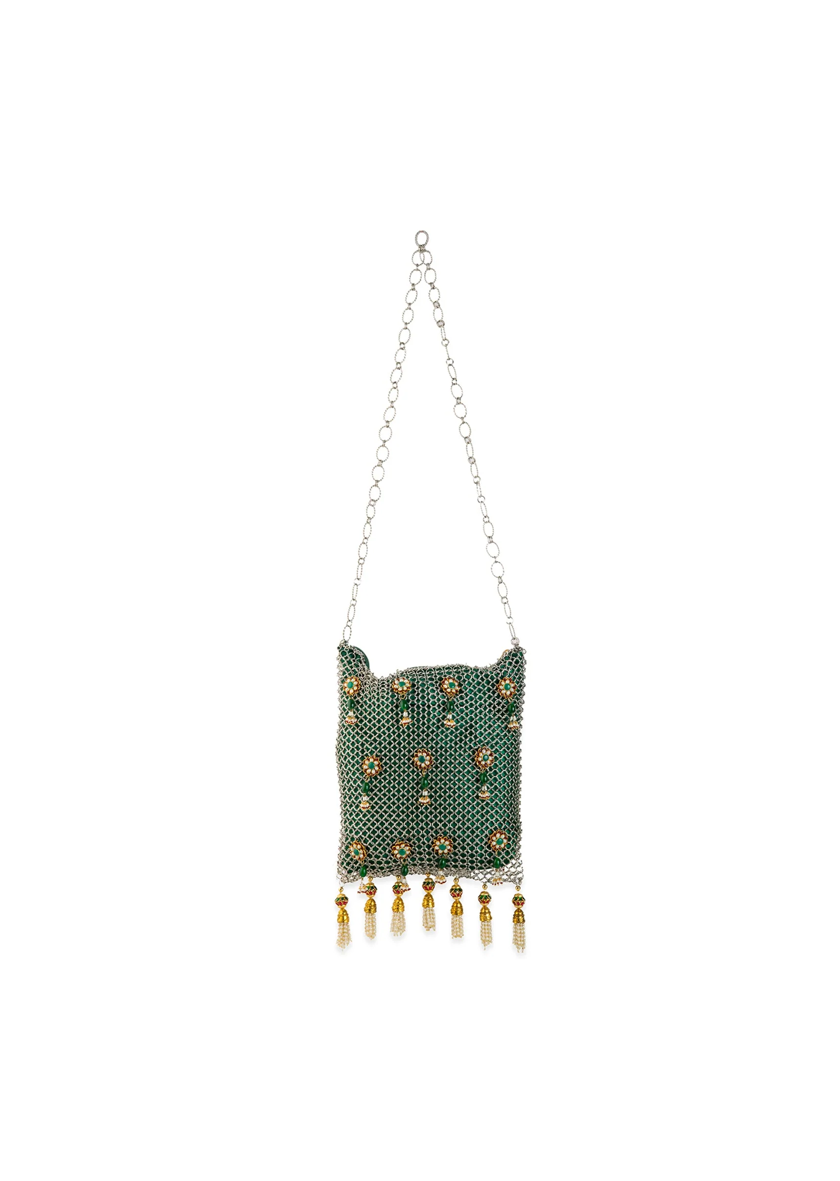 Green and Gold Jaal Mesh Pearl Embellished Bag - Image 3