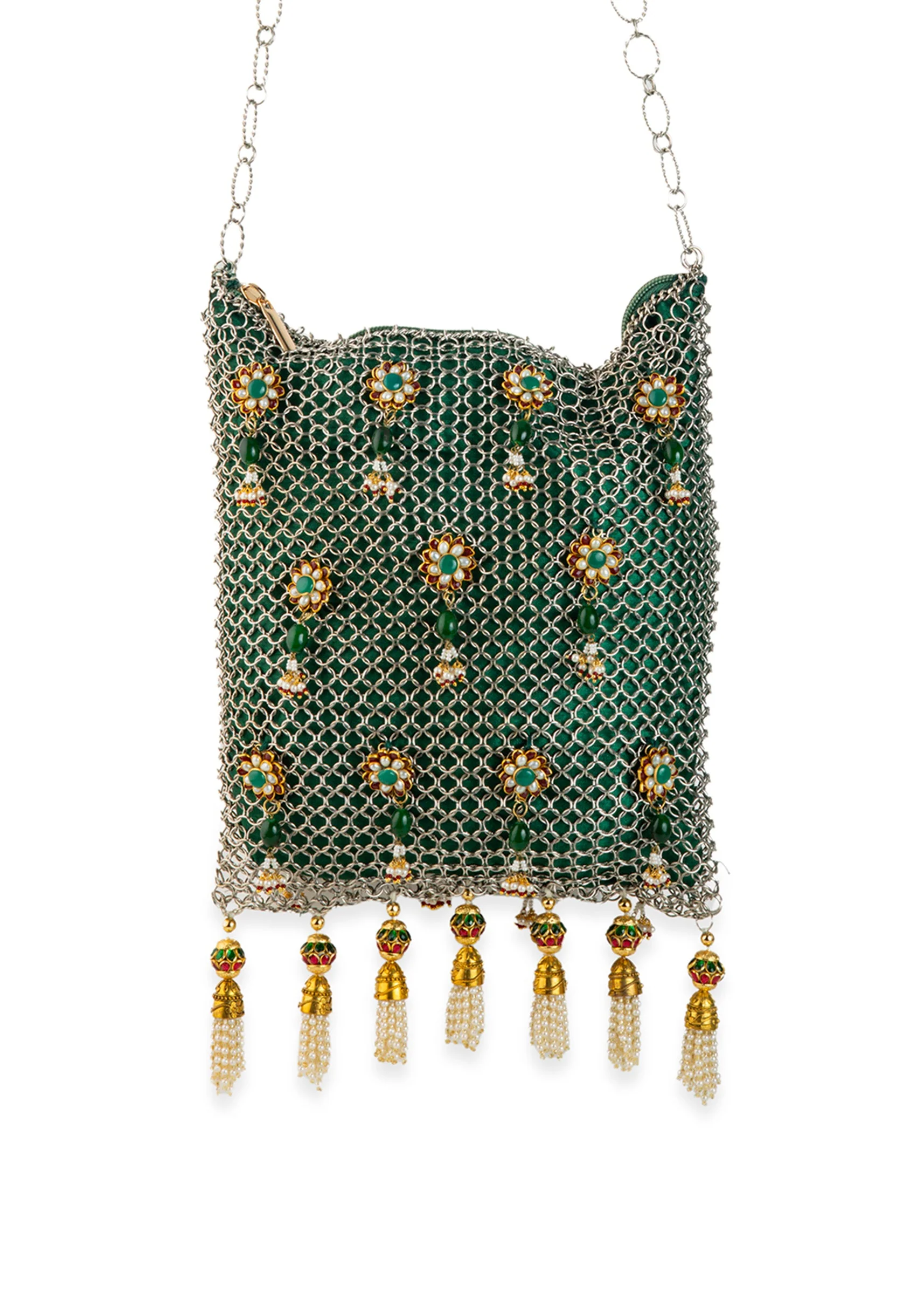 Green and Gold Jaal Mesh Pearl Embellished Bag - Image 4