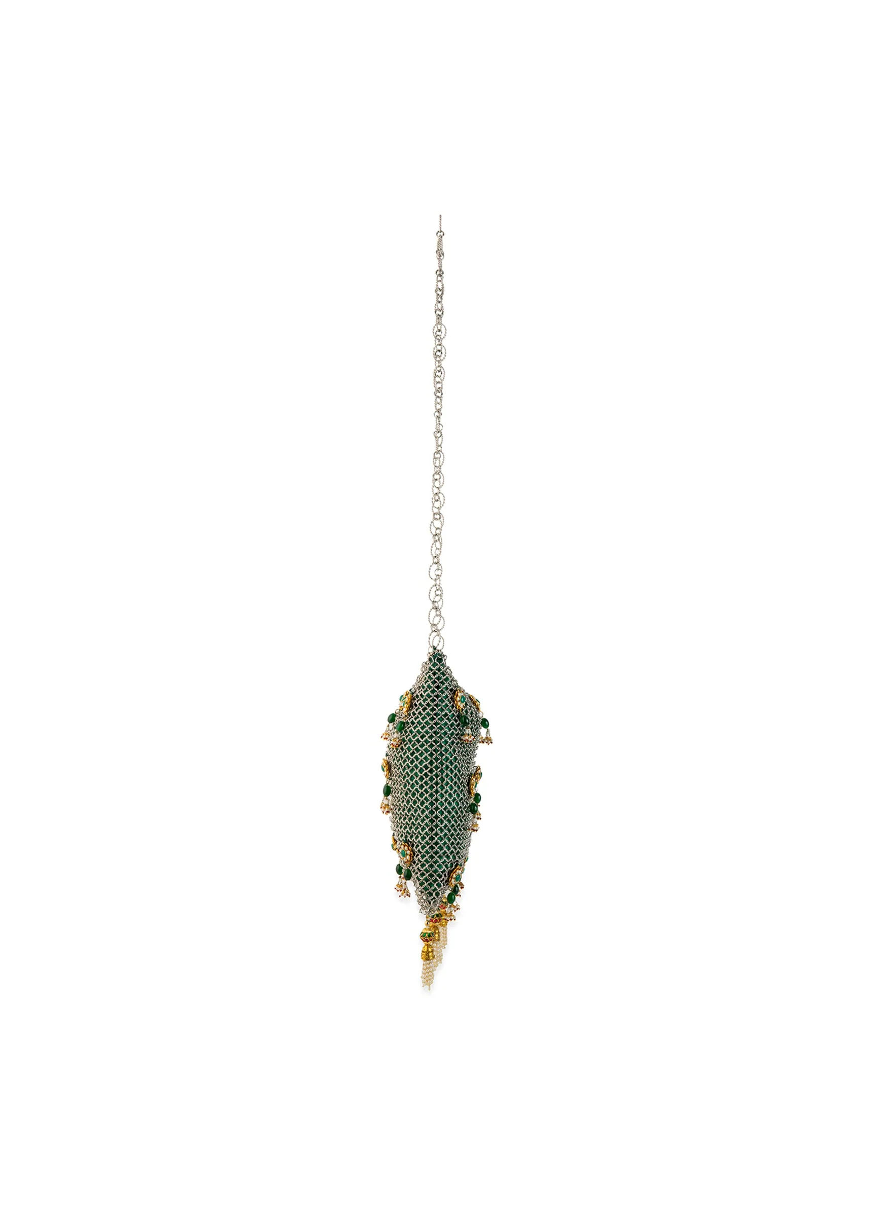 Green and Gold Jaal Mesh Pearl Embellished Bag - Image 5