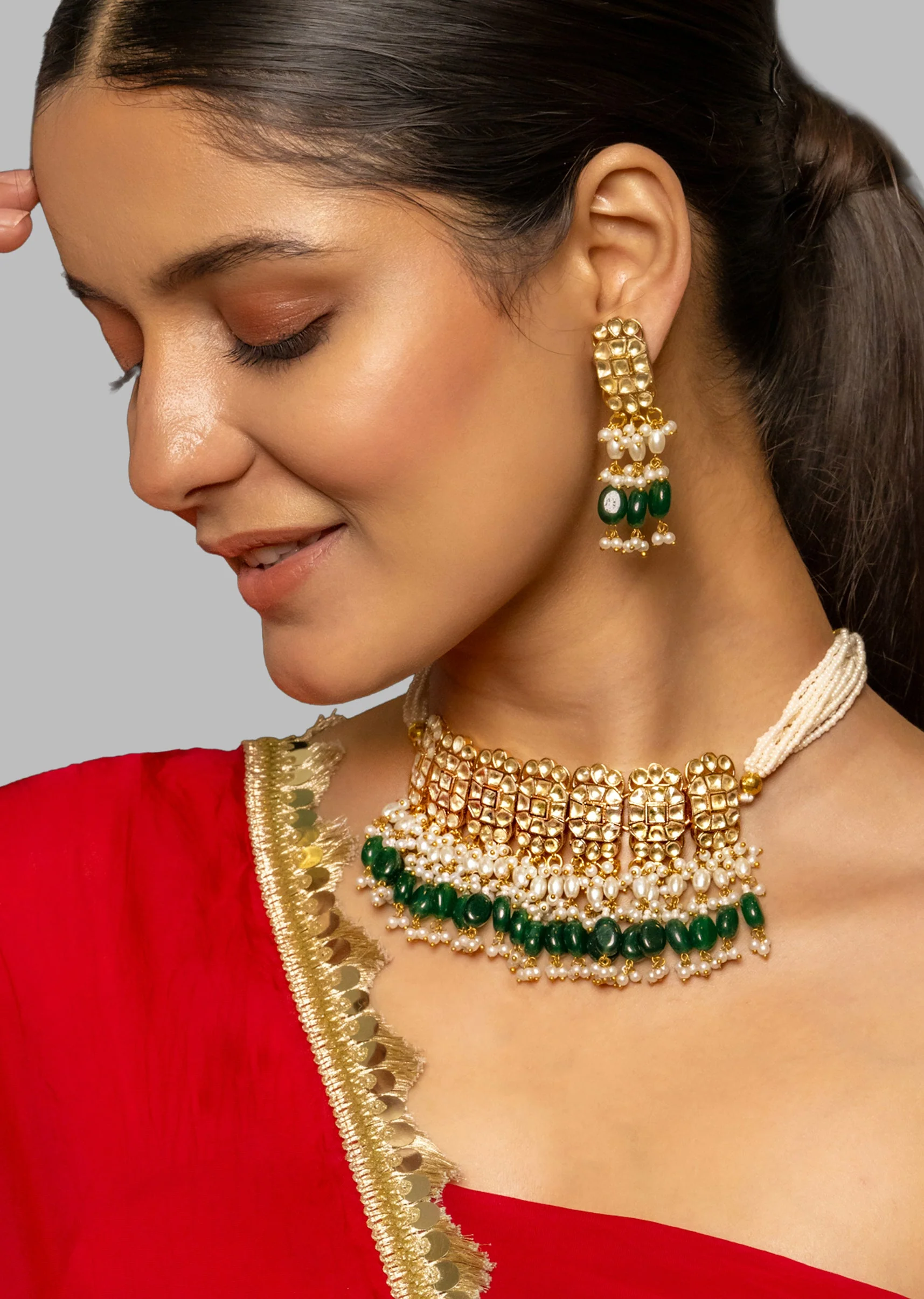 Green And Gold Kundan Polki Bridal Choker Set