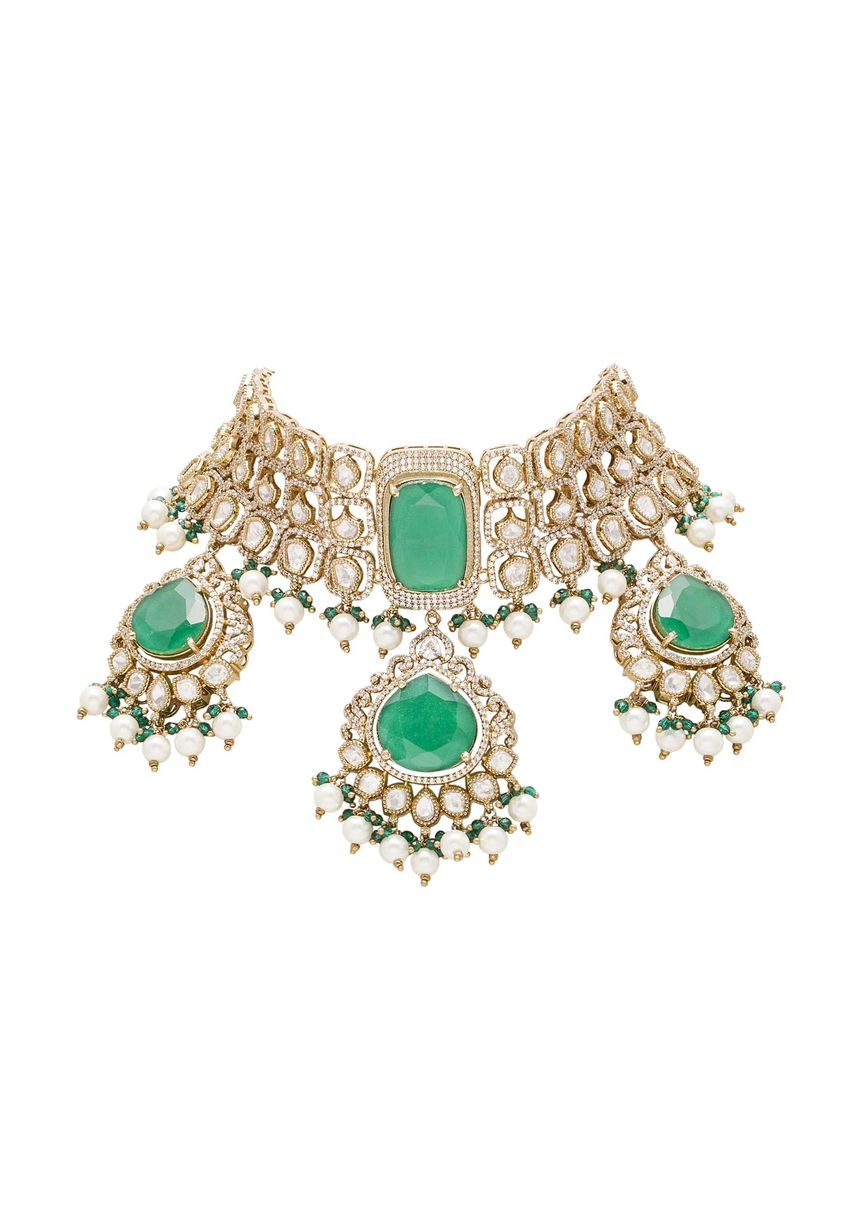 Green And Gold Teardrop Pendant Necklace Set With Maangtika - Image 3