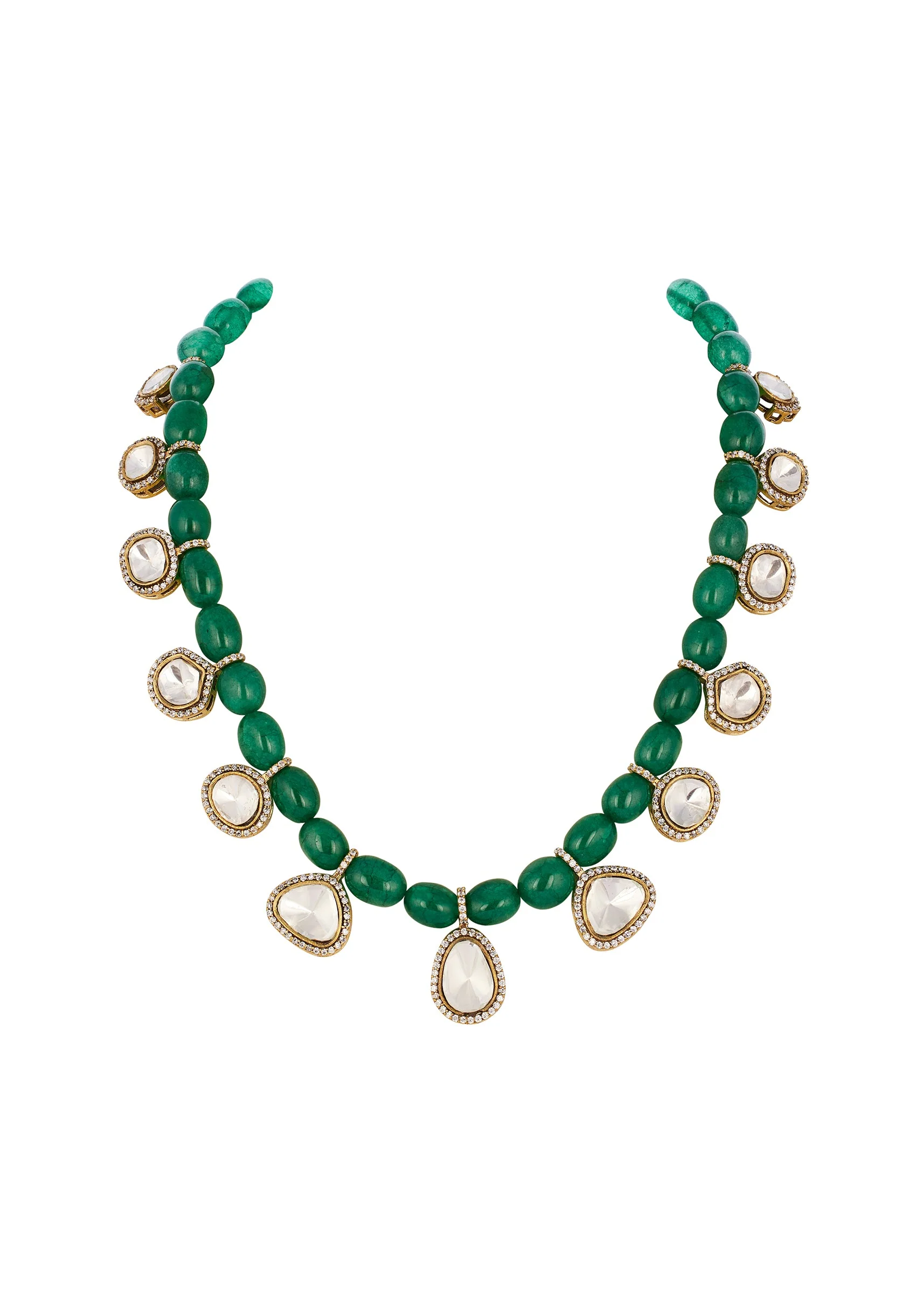 Green and Gold Traditional Gold Mordern Polki Necklace Set with Beads - Image 2