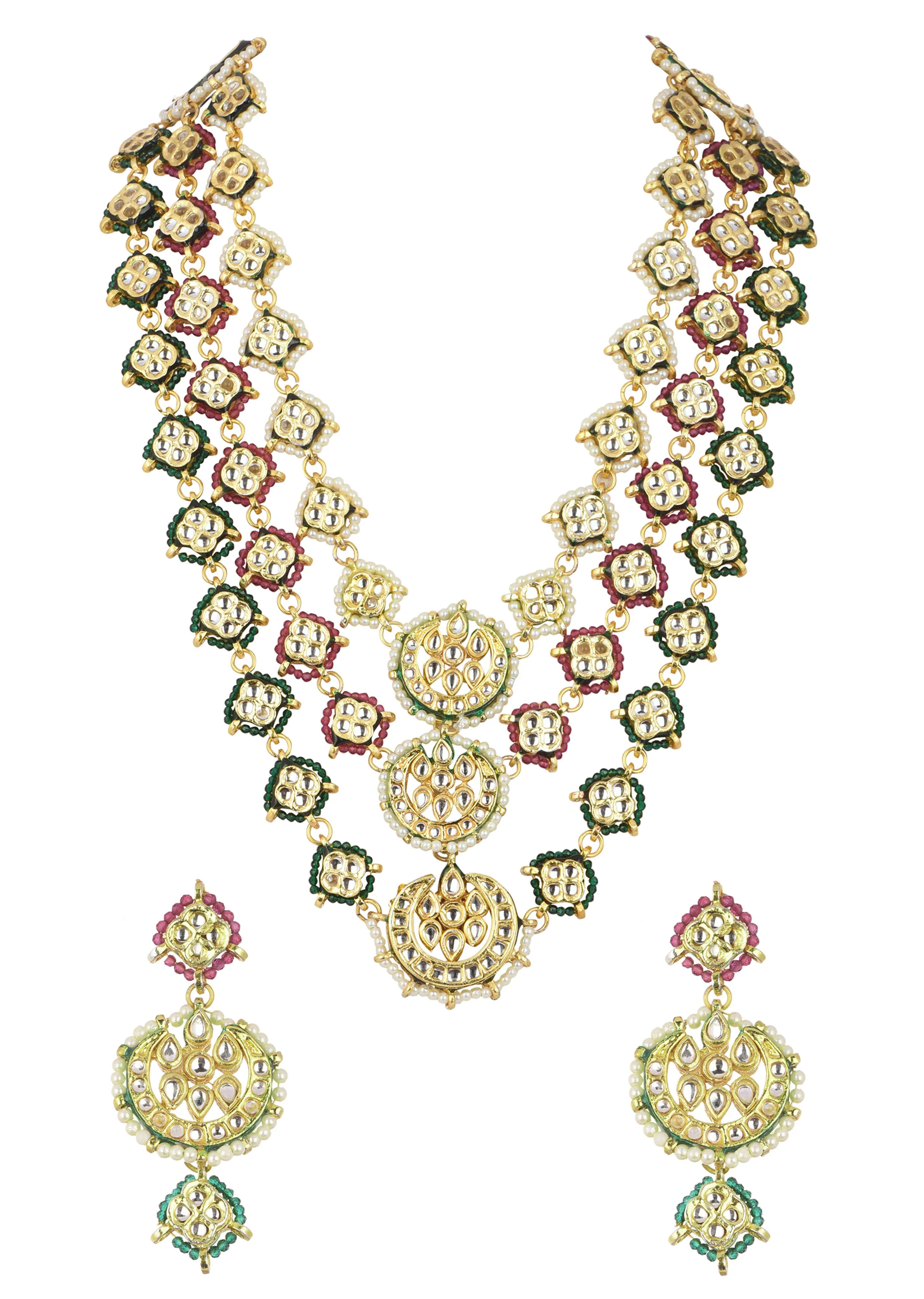 Green And Red Layered Kundan Necklace Set In Mix Metal - Image 4