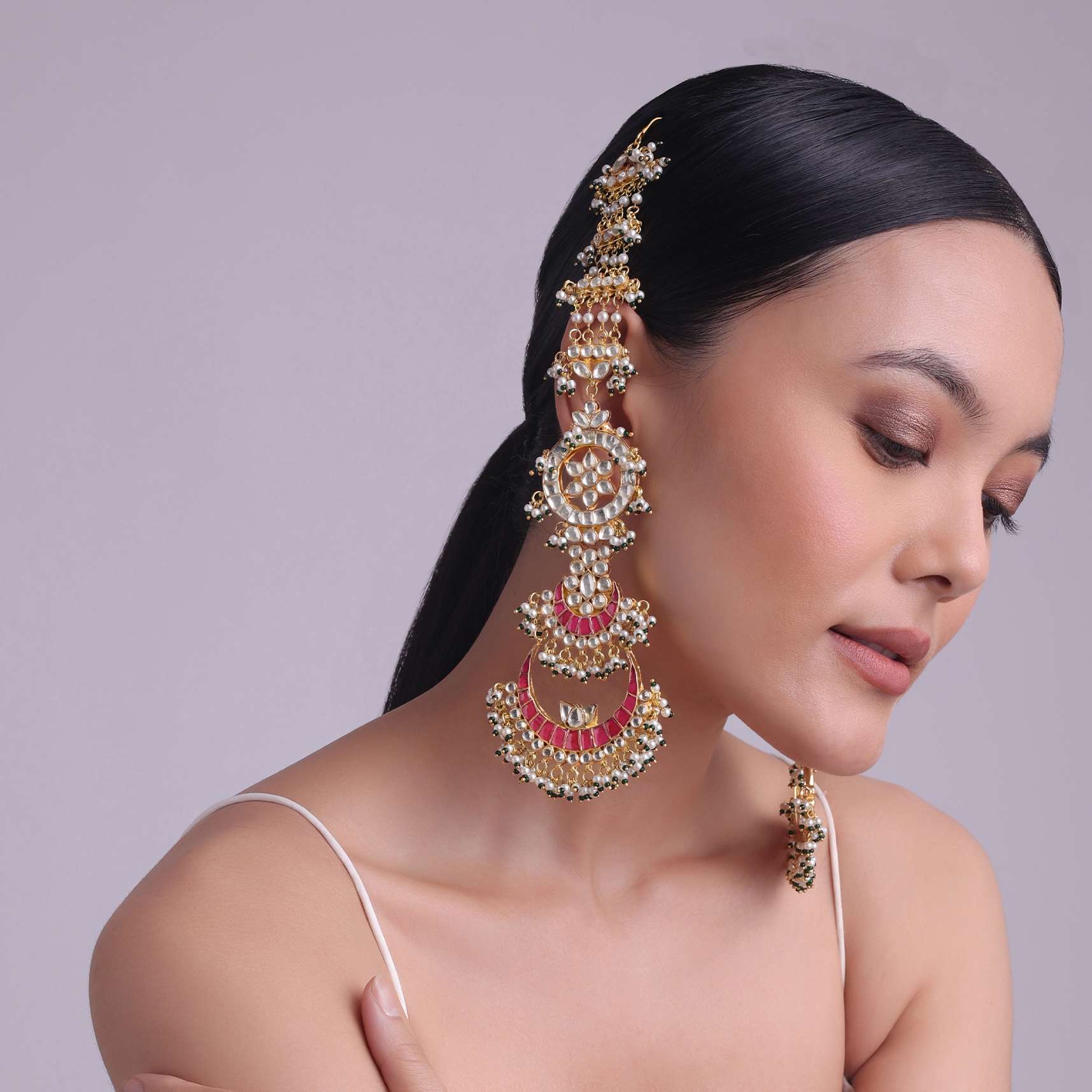 Green And Red Tone Chandabali Heavy Kundan Earrings With Pearls - Image 3