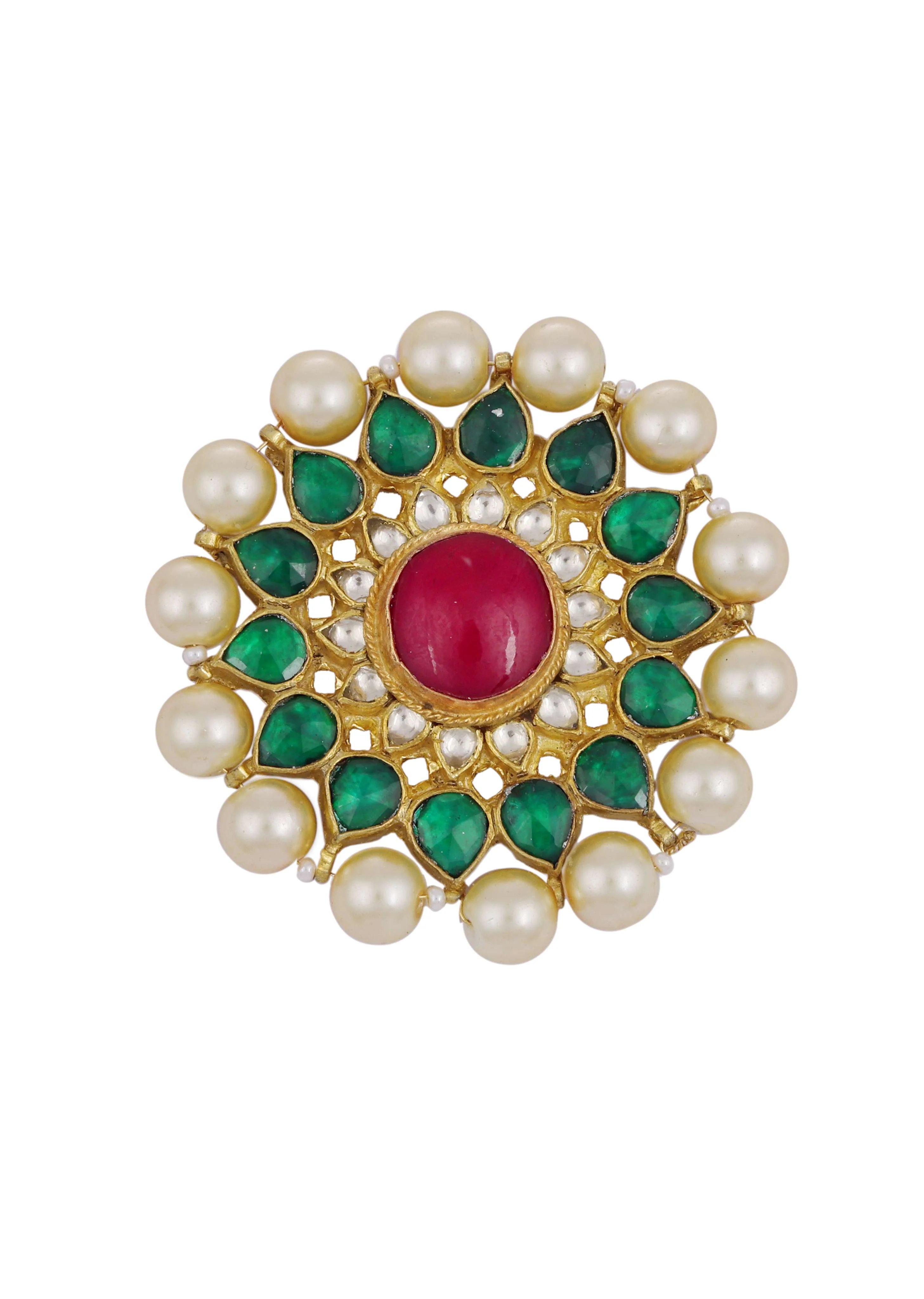 Green And Red Tone Kundan Earrings With Pearls - Image 4