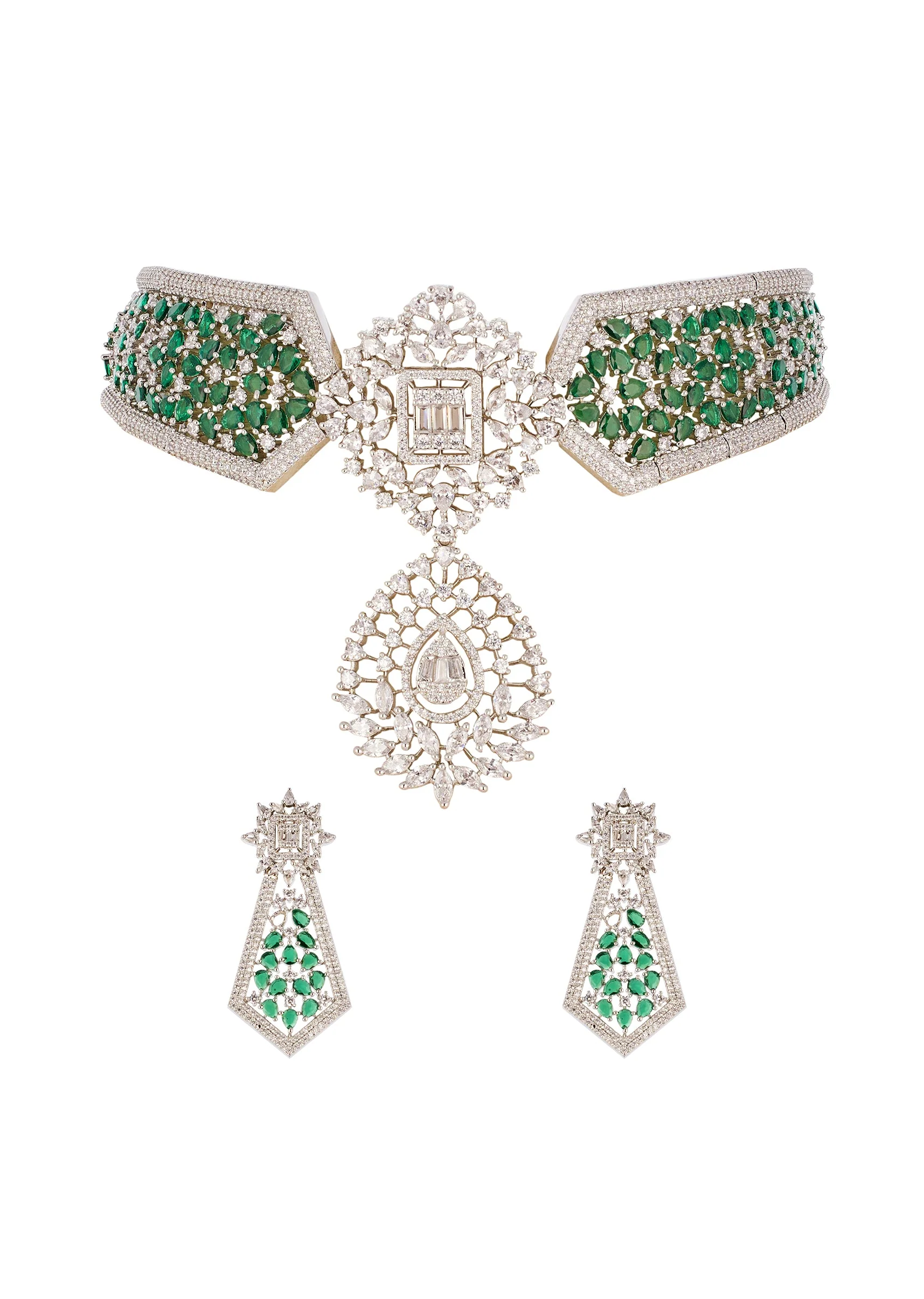 Green and Silver Anti Tarnish Rhodium Plated Long Necklace Set with CZ Diamond