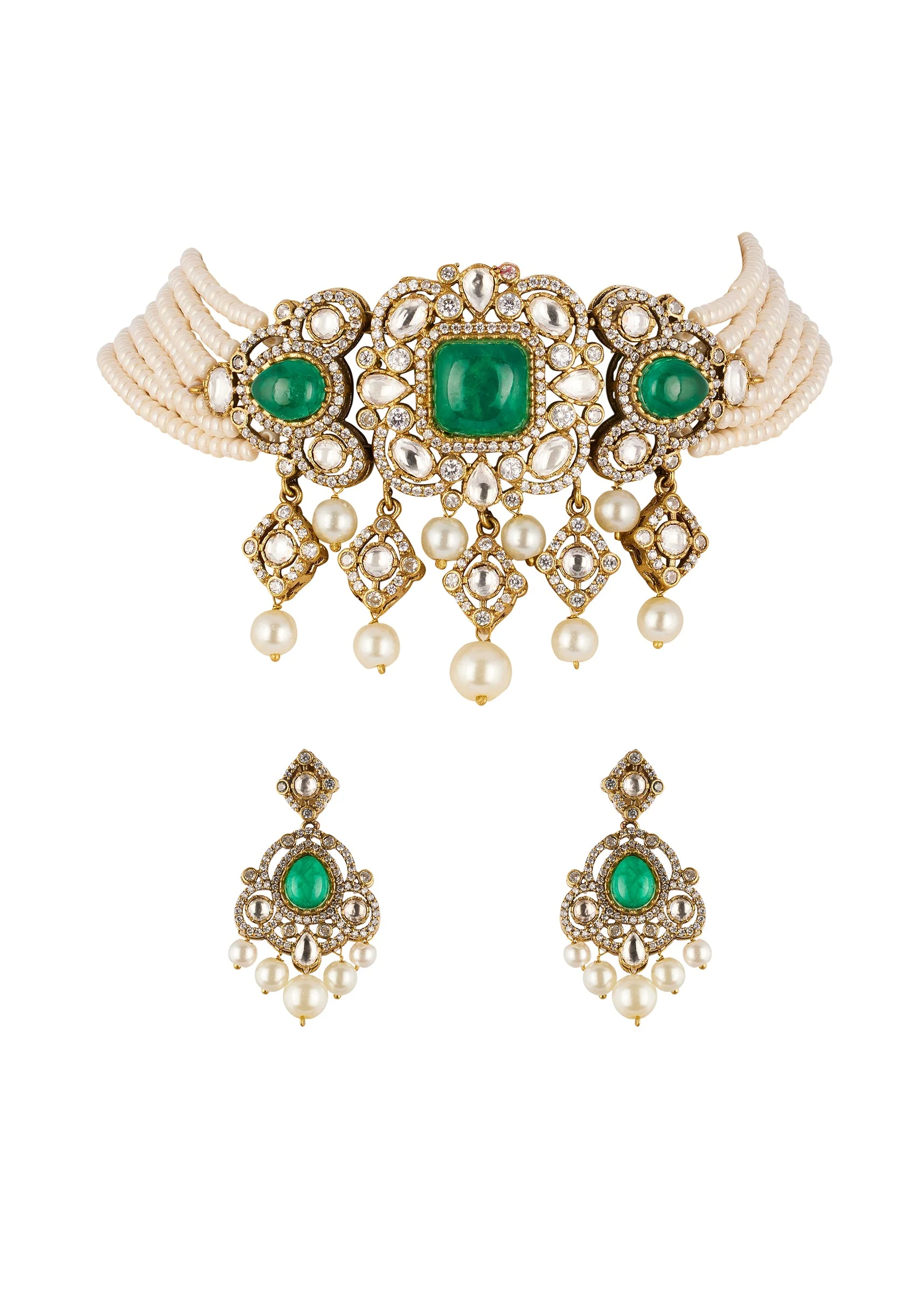 Green and White Traditional Necklace Set in Kundan with Faux Pearls