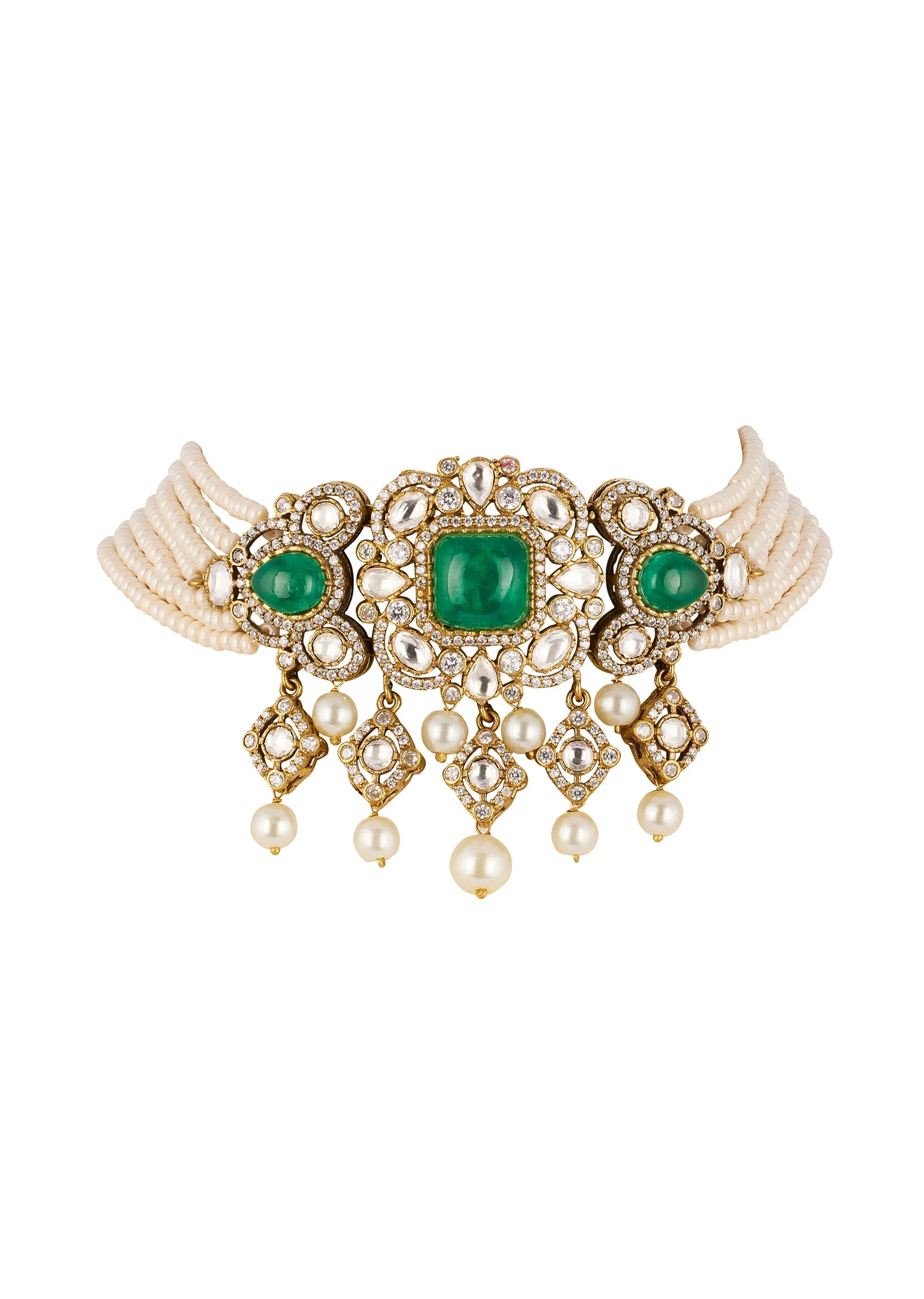 Green and White Traditional Necklace Set in Kundan with Faux Pearls - Image 2