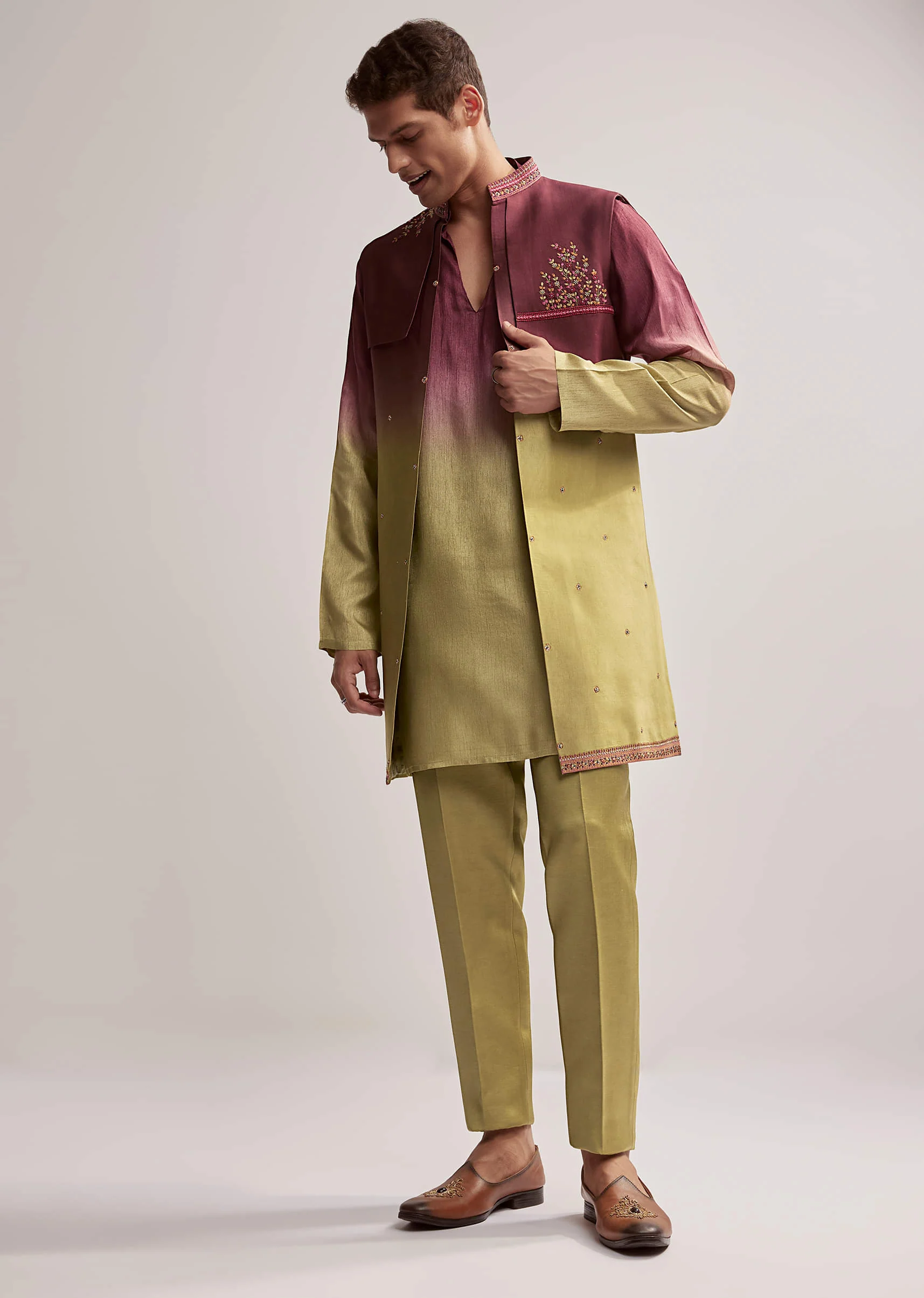 Green And Wine Ombre Silk Kurta Jacket Set For Men With Embroidery - Image 2
