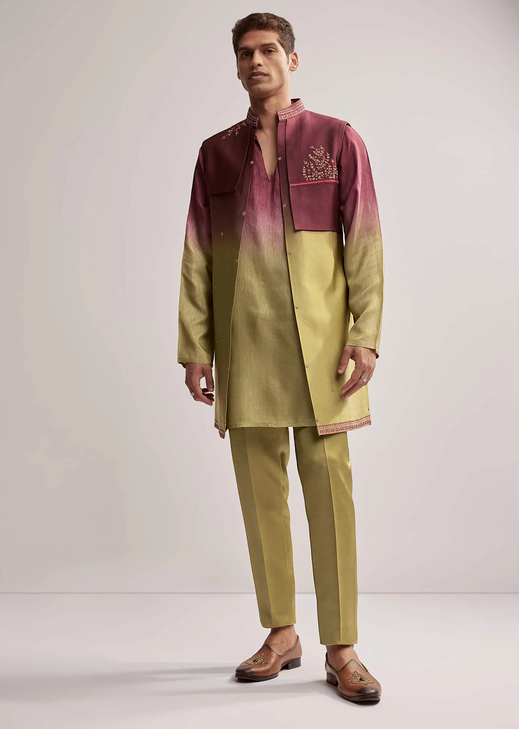 Green And Wine Ombre Silk Kurta Jacket Set For Men With Embroidery - Image 4