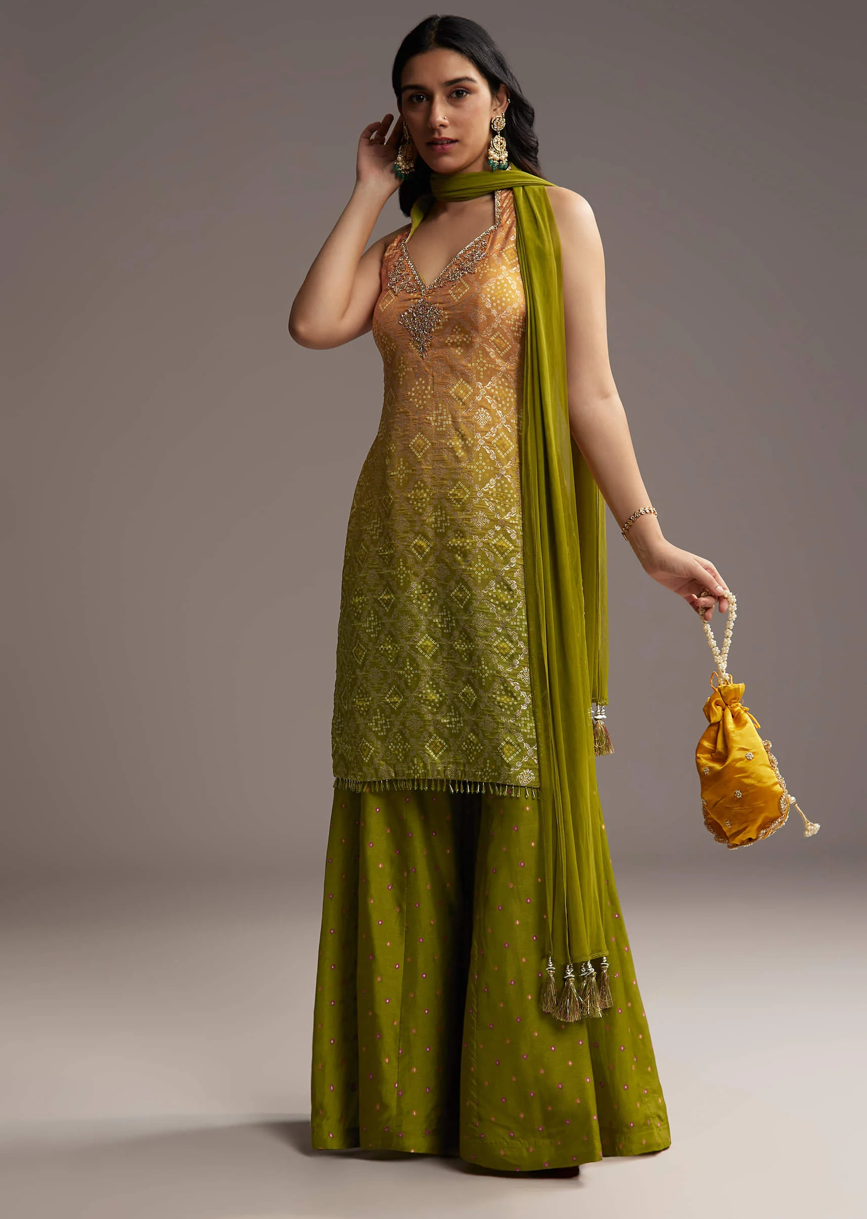 Green And Yellow Ombre Silk Palazzo Suit With Bandhani Print - Image 3