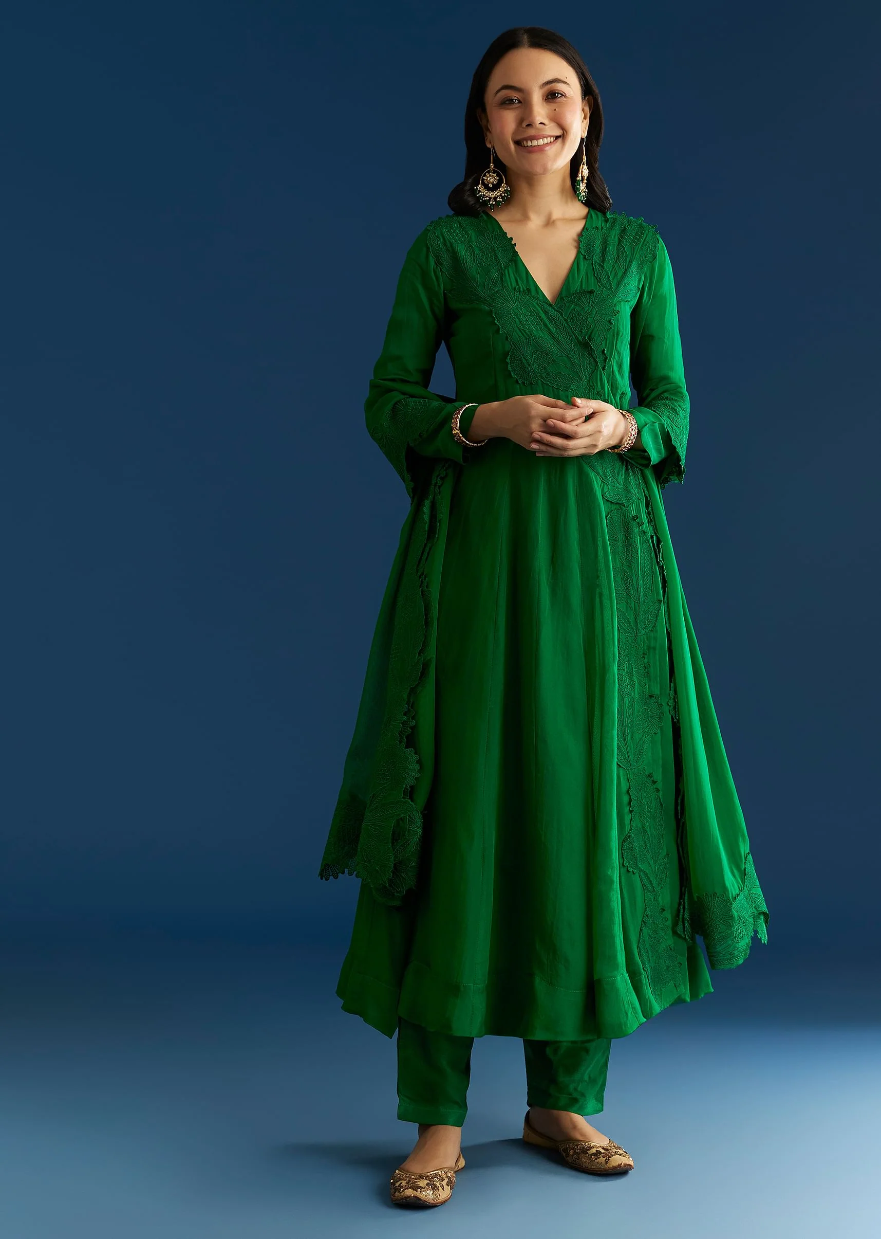 Green Angrakha Style Anarkali Suit With Resham Work - Image 2