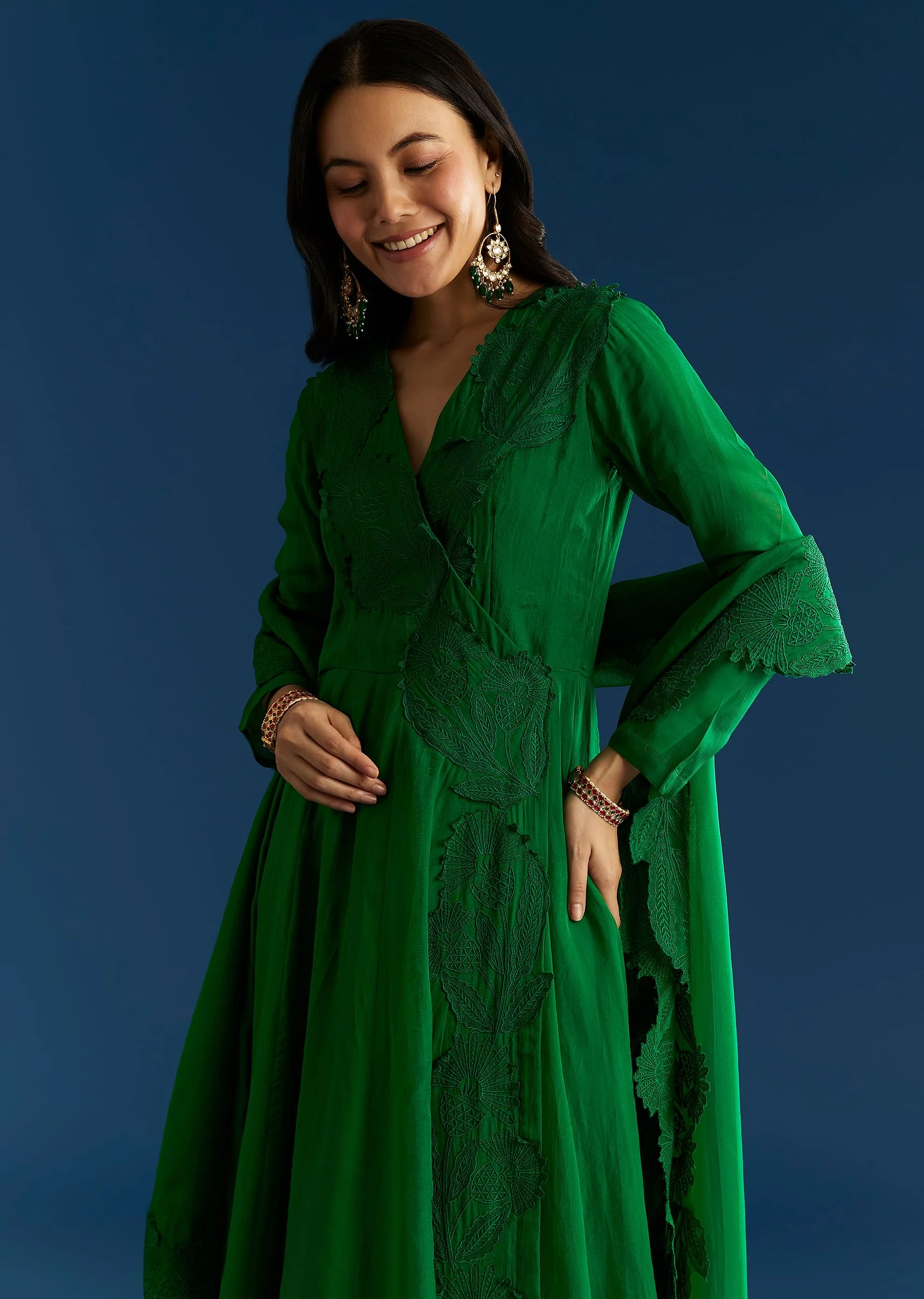 Green Angrakha Style Anarkali Suit With Resham Work - Image 3