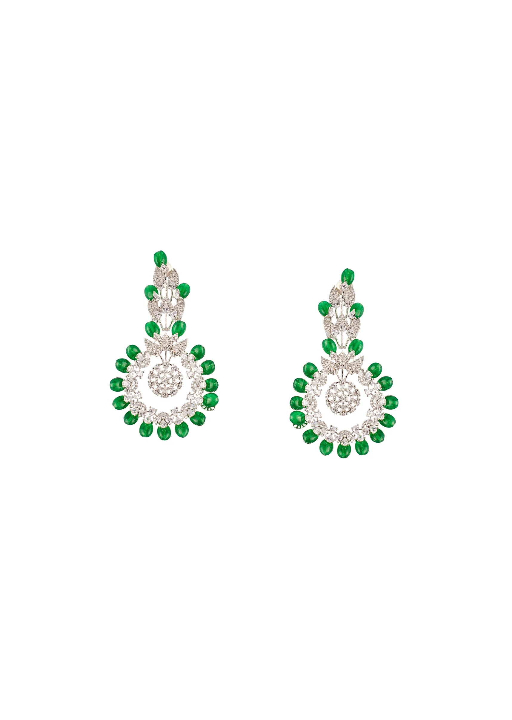 Green Anti Tarnish CZ Diamond Rhodium-Plated Brass Earrings with Beads - Image 2