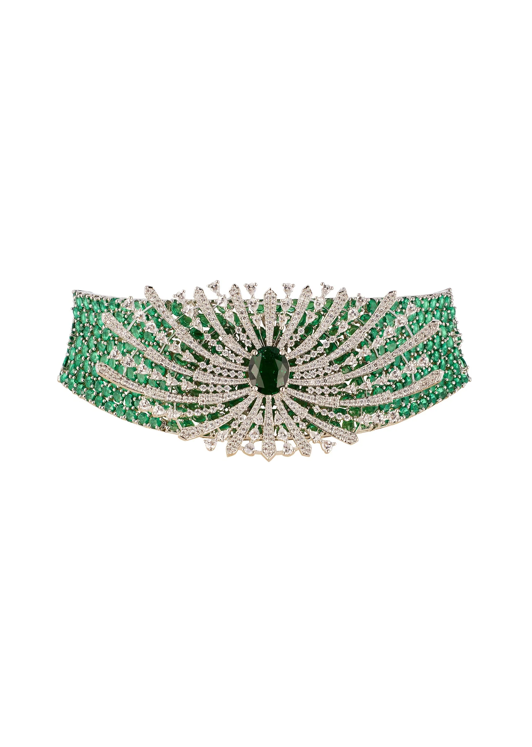 Green Anti Tarnish Finish Rhodium Plated Brass Long Necklace Set with CZ Diamond - Image 2