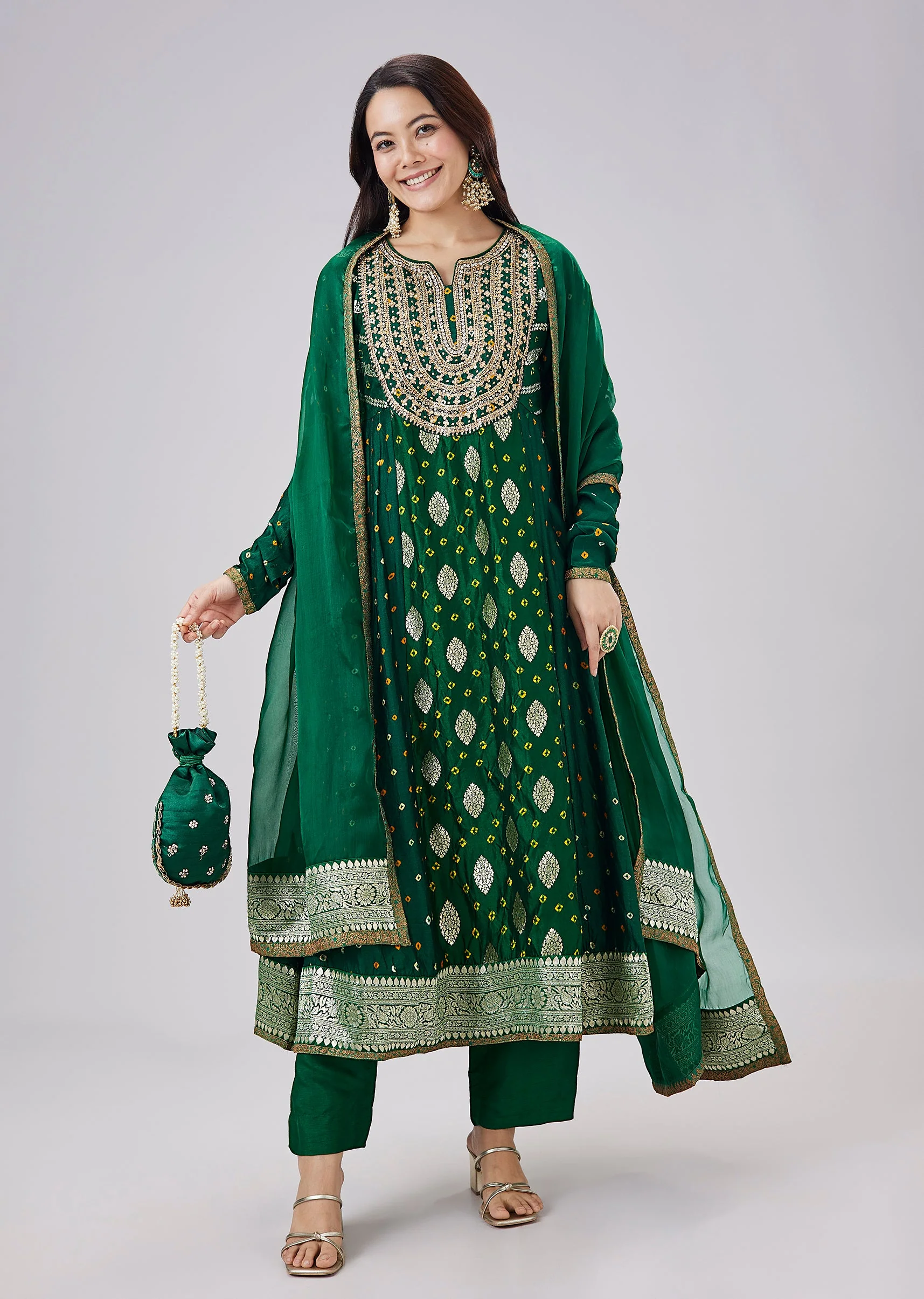 Green Banarasi Bandhani Silk Anarkali Set With Dupatta