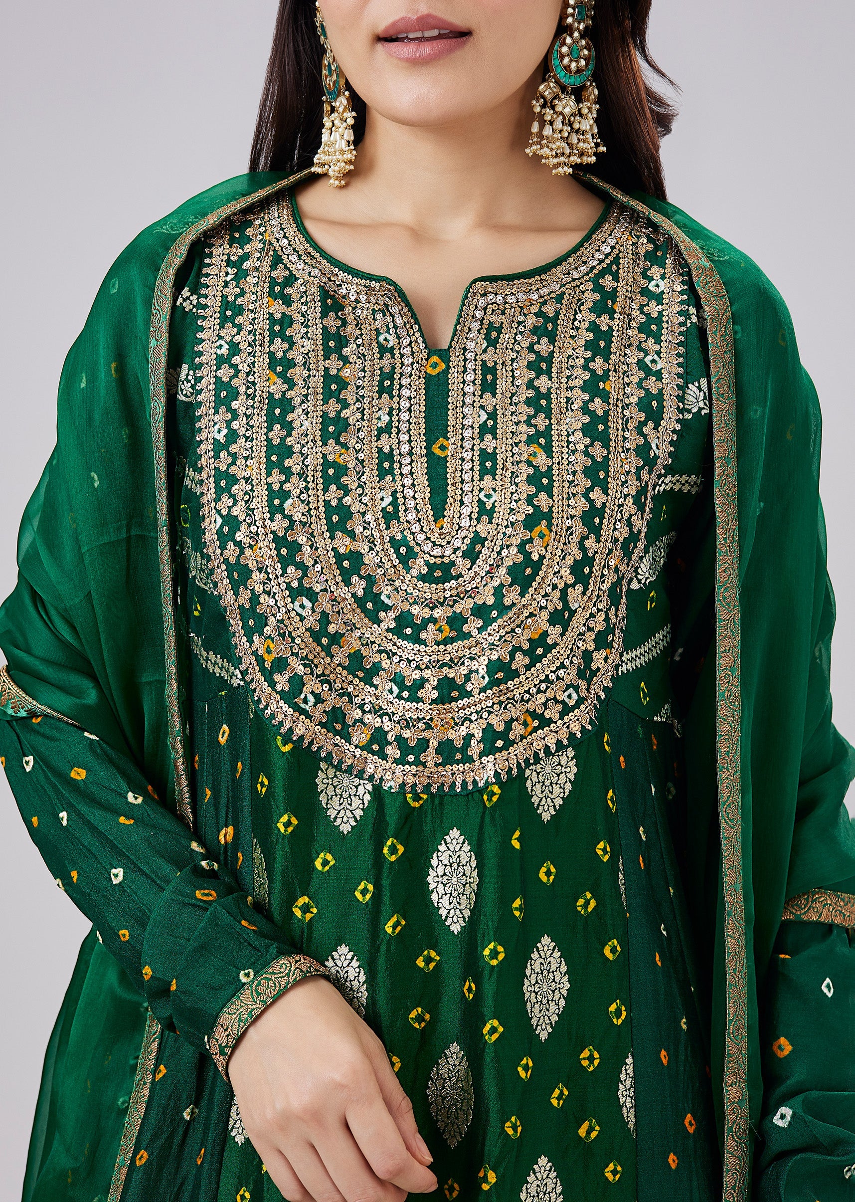 Green Banarasi Bandhani Silk Anarkali Set With Dupatta - Image 2
