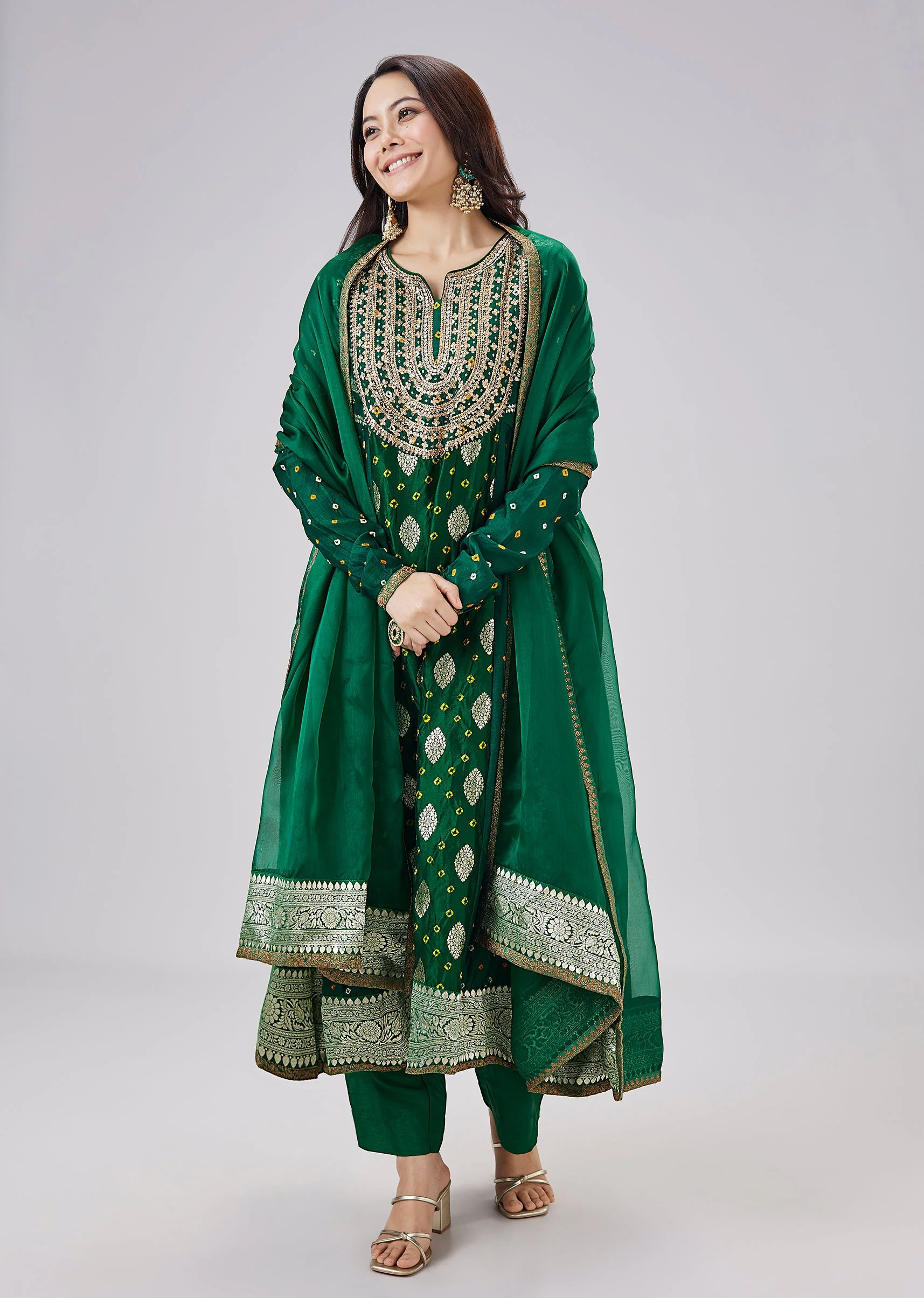 Green Banarasi Bandhani Silk Anarkali Set With Dupatta - Image 3