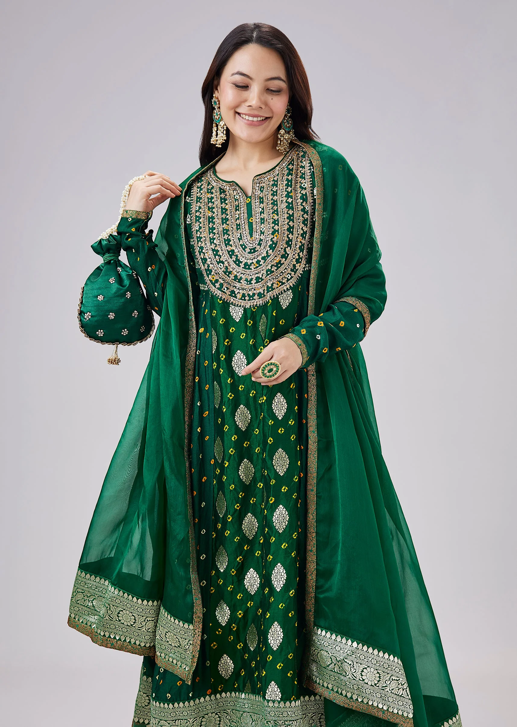 Green Banarasi Bandhani Silk Anarkali Set With Dupatta - Image 4