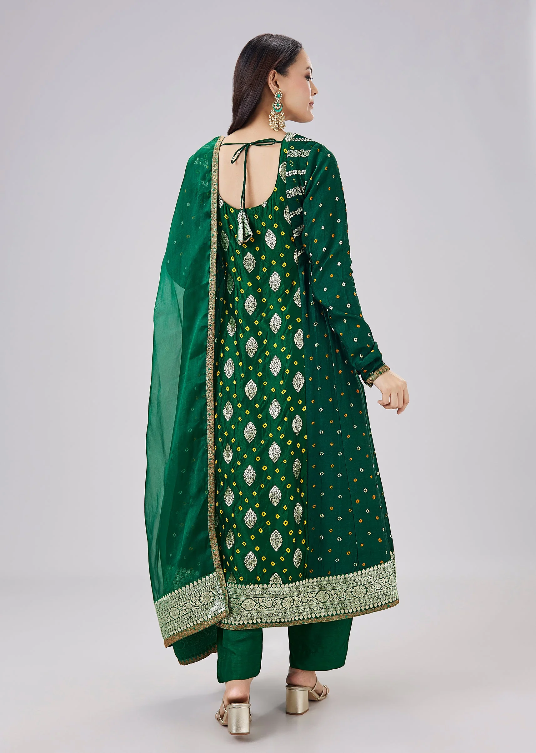 Green Banarasi Bandhani Silk Anarkali Set With Dupatta - Image 5