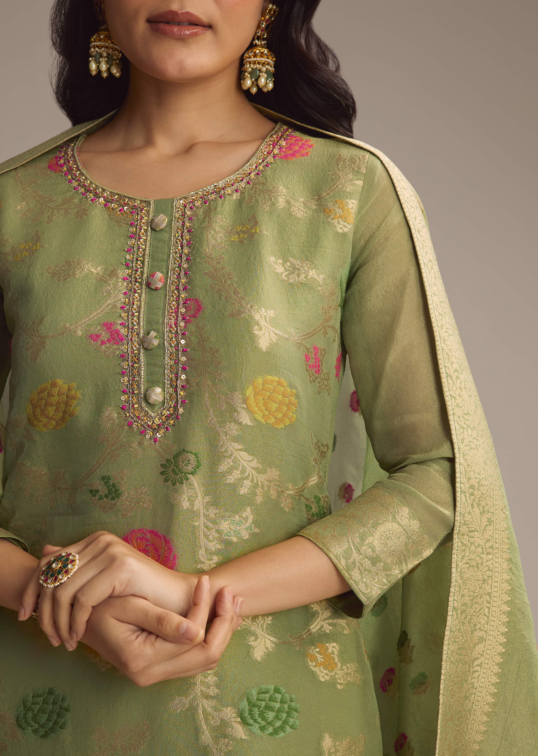 Green Banarasi Tissue Palazzo Suit - Image 2