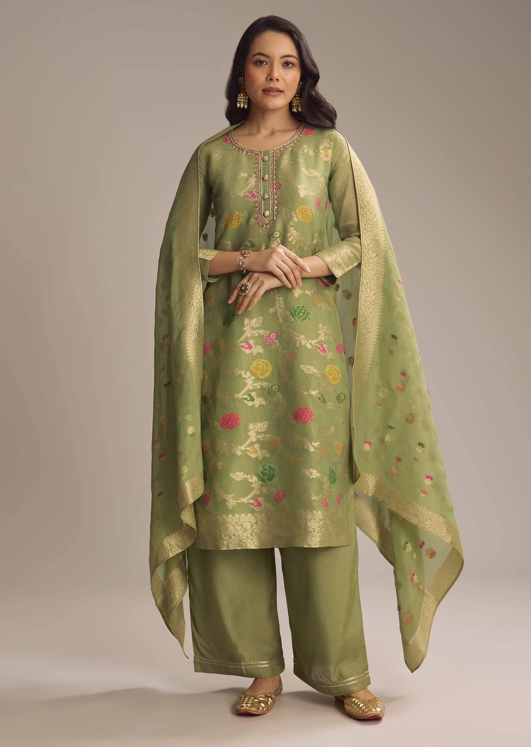 Green Banarasi Tissue Palazzo Suit - Image 3