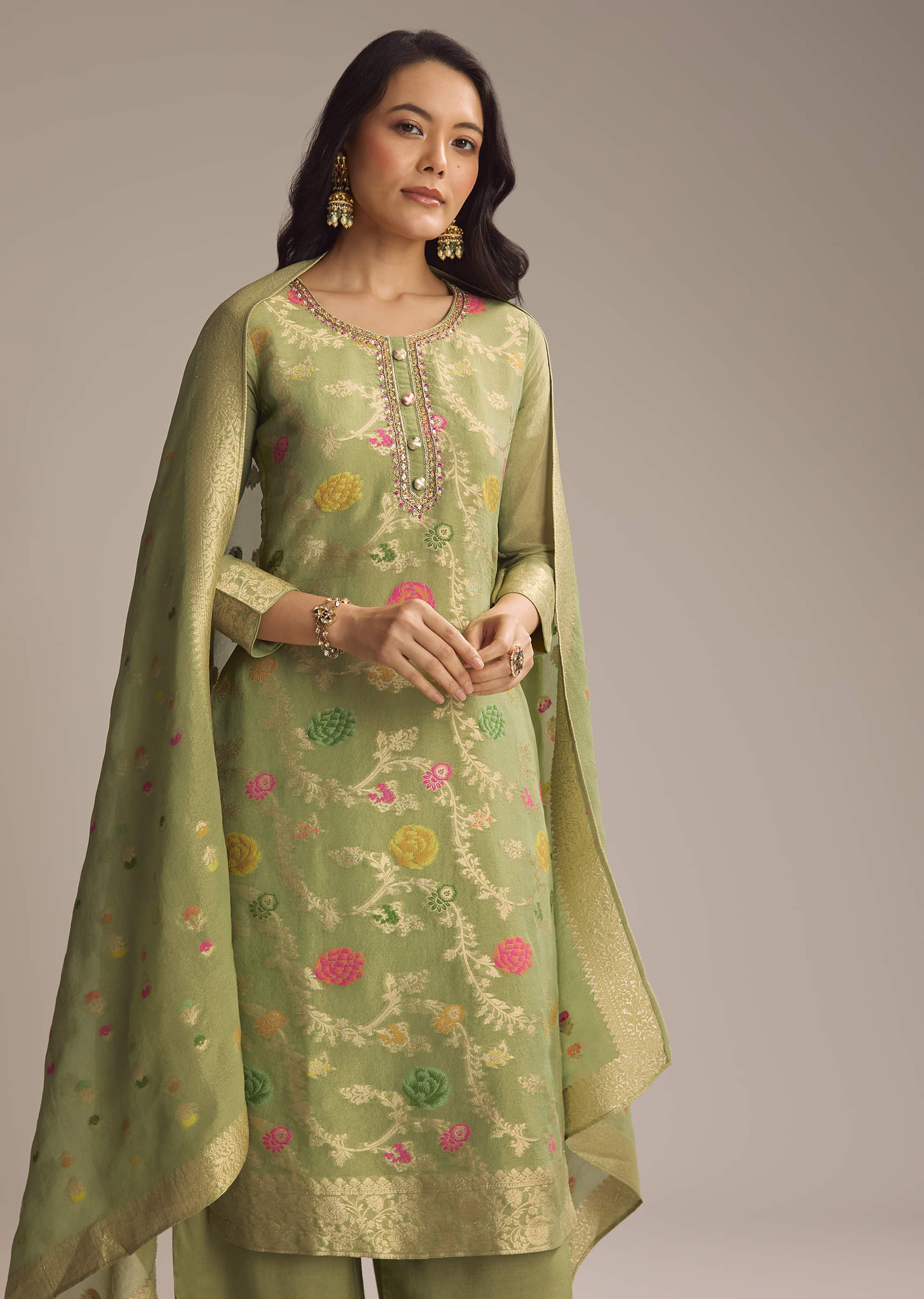 Green Banarasi Tissue Palazzo Suit - Image 4