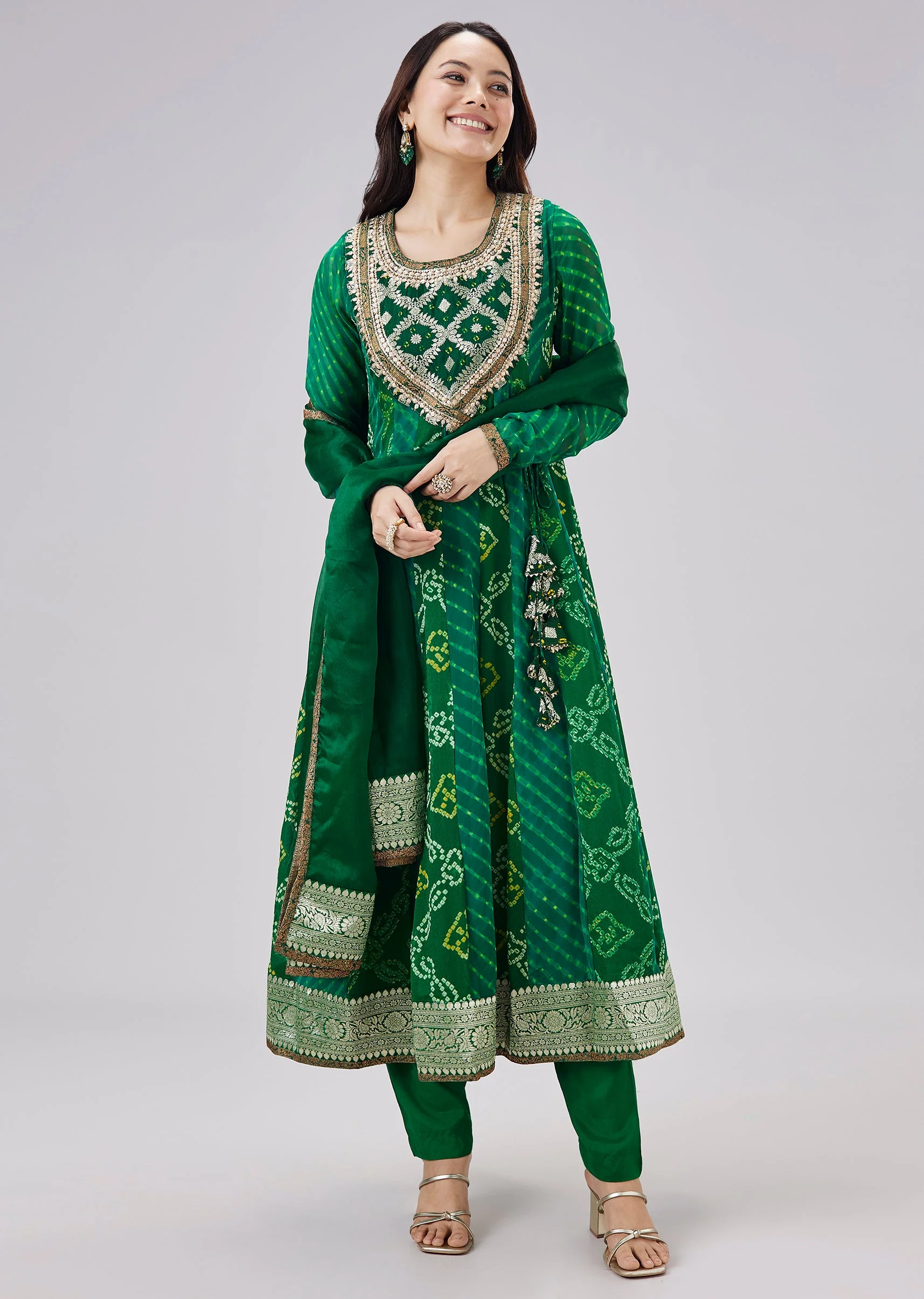 Green Bandhani And Leheriya Georgette Angrakha Anarkali Set - Image 3
