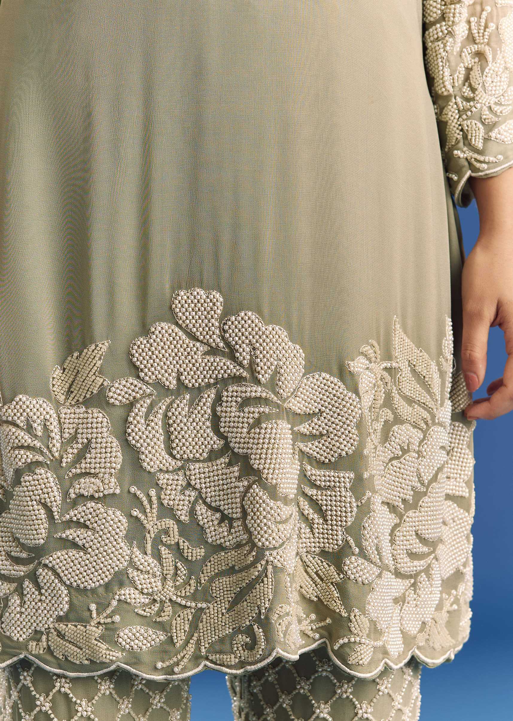 Green Beaded Kurta Pant Set With Dupatta In Georgette - Image 5