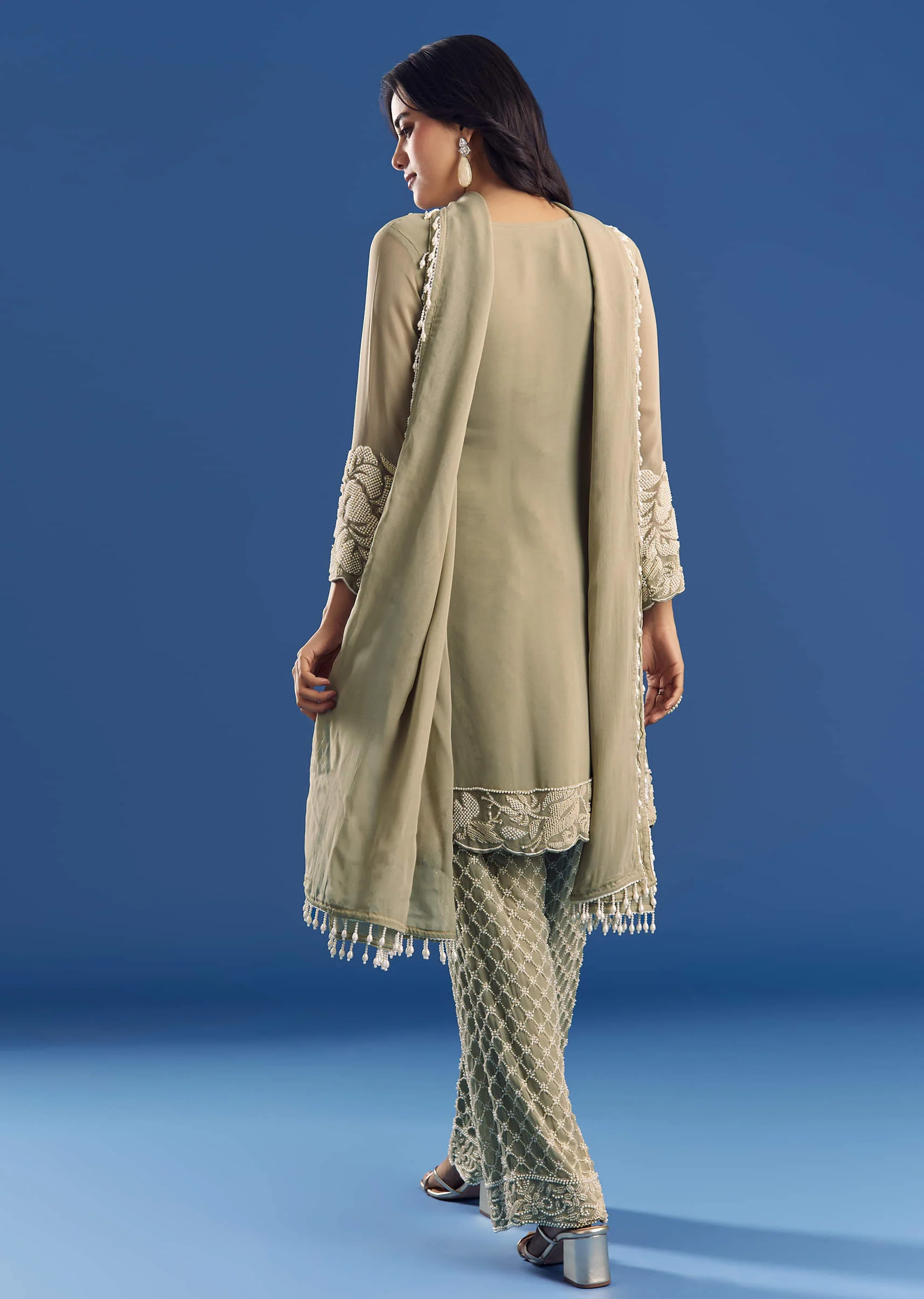 Green Beaded Kurta Pant Set With Dupatta In Georgette - Image 7