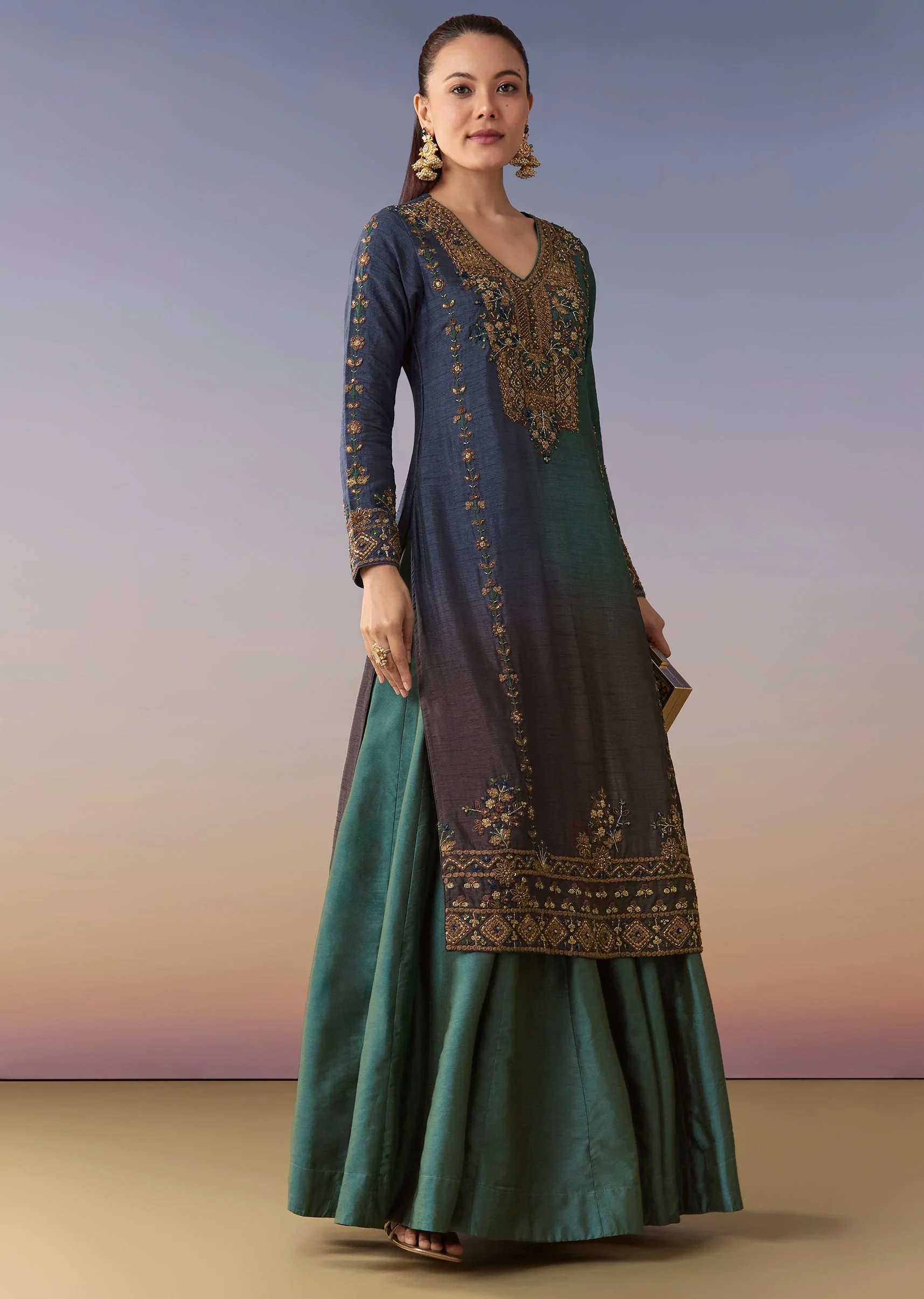 Green Blue Ombre Kurta Skirt Set - Image 3