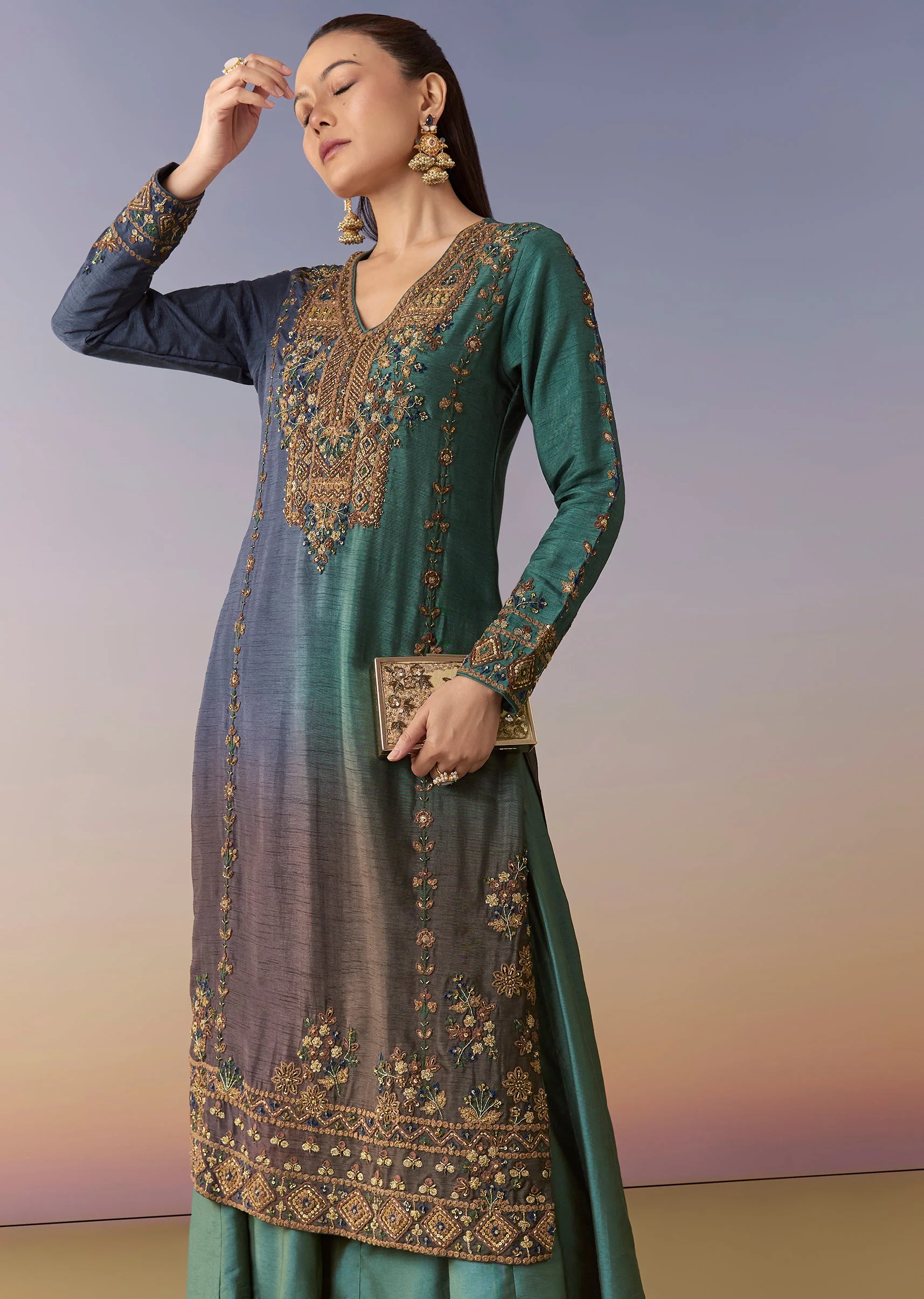 Green Blue Ombre Kurta Skirt Set - Image 4