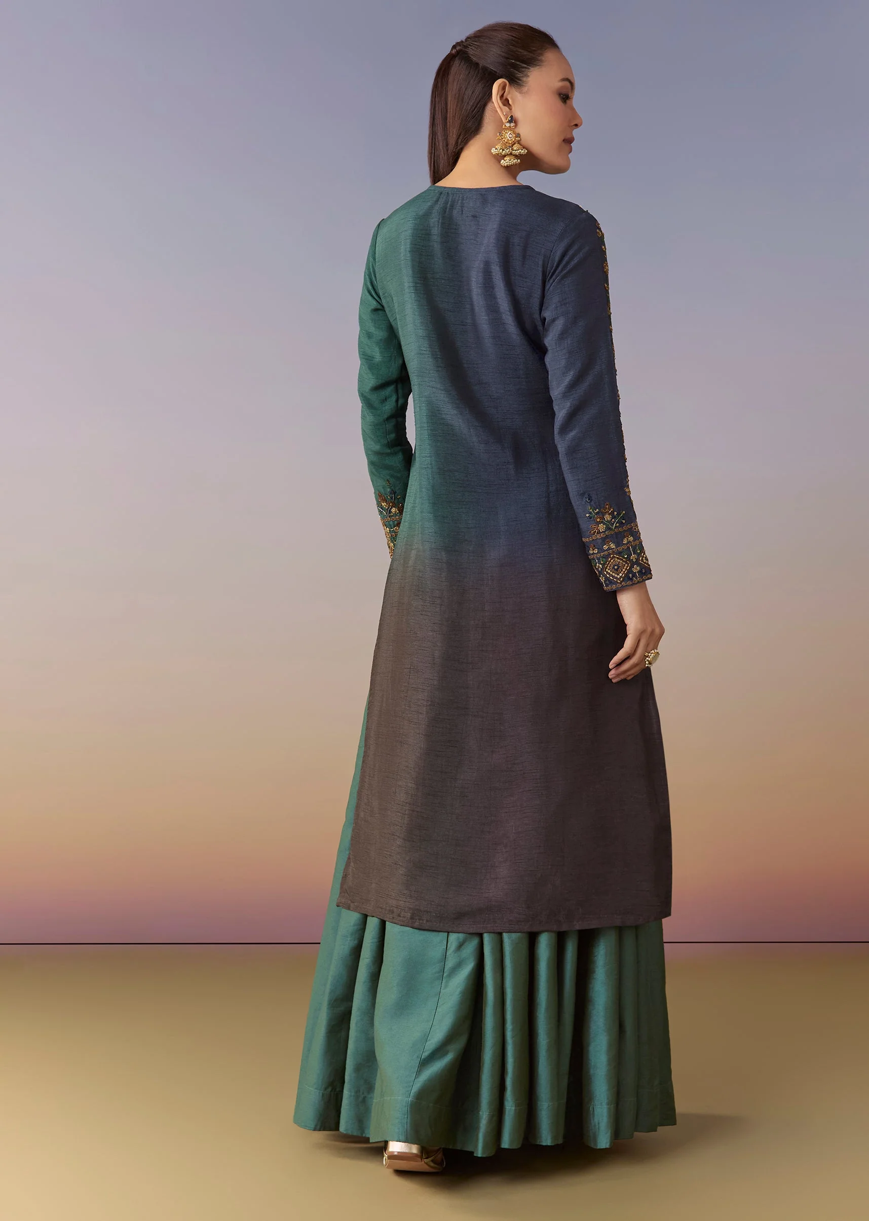 Green Blue Ombre Kurta Skirt Set - Image 5