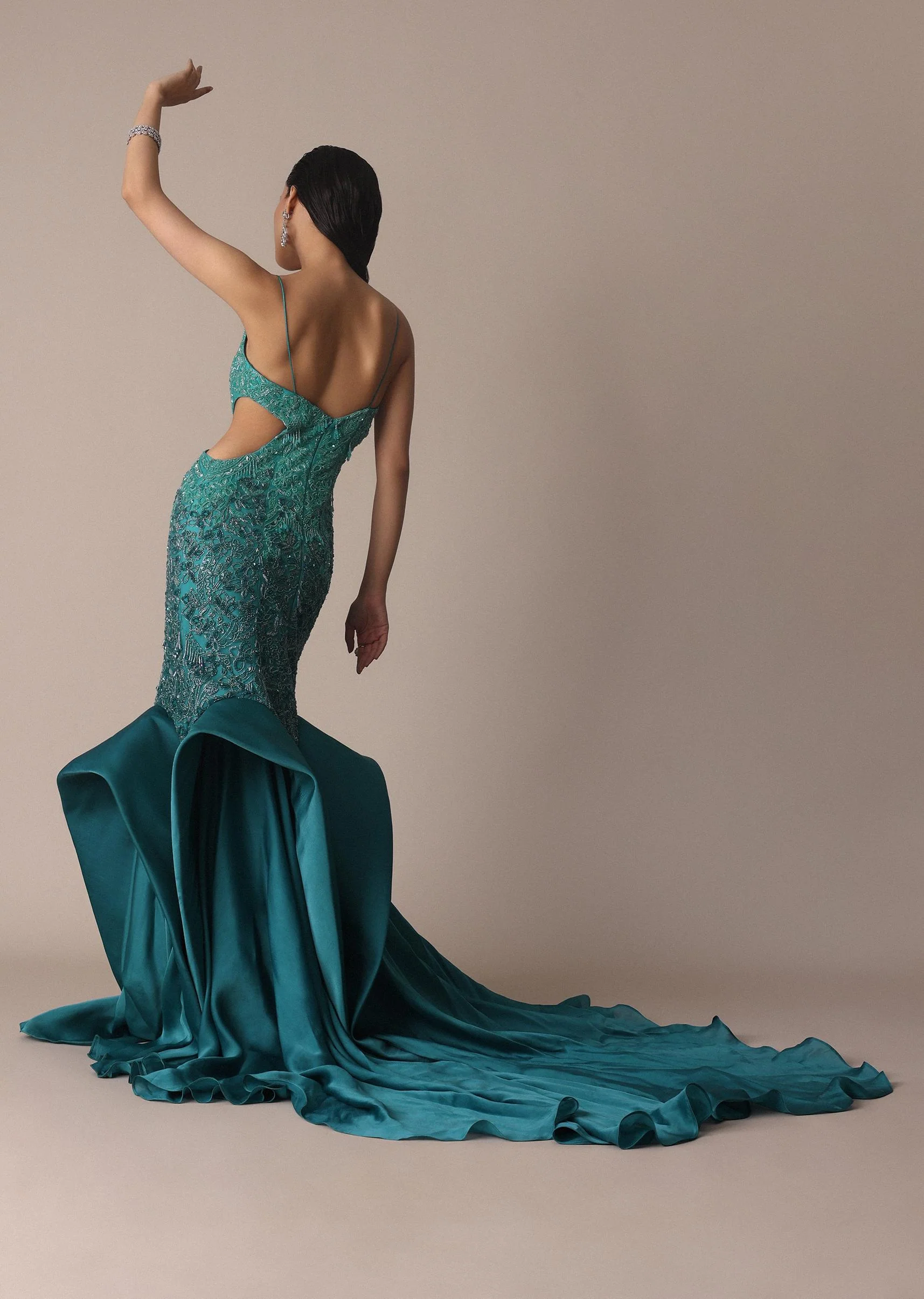 Green Blue Ombre Zardosi Fishcut Draped Gown - Image 3