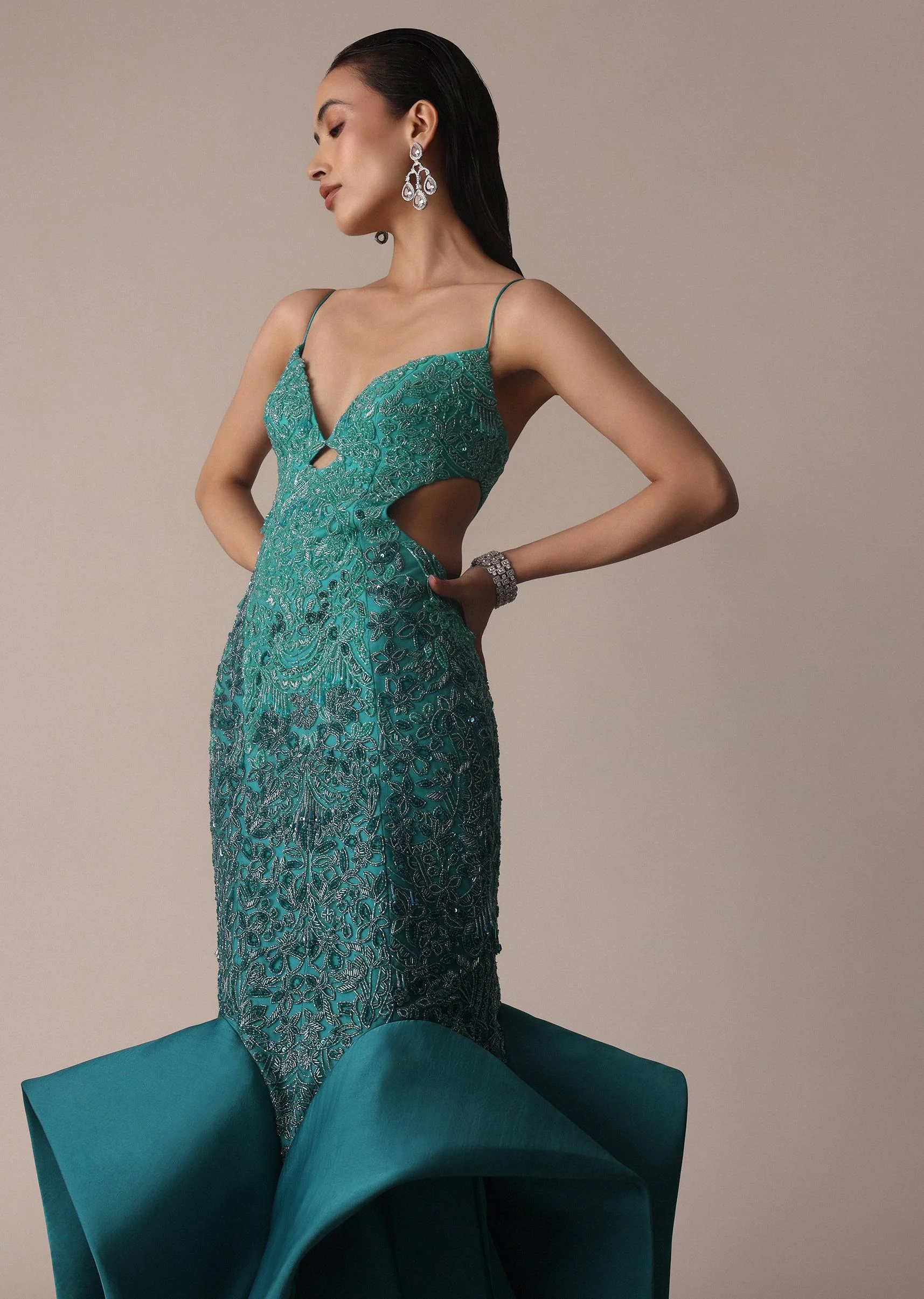 Green Blue Ombre Zardosi Fishcut Draped Gown - Image 7
