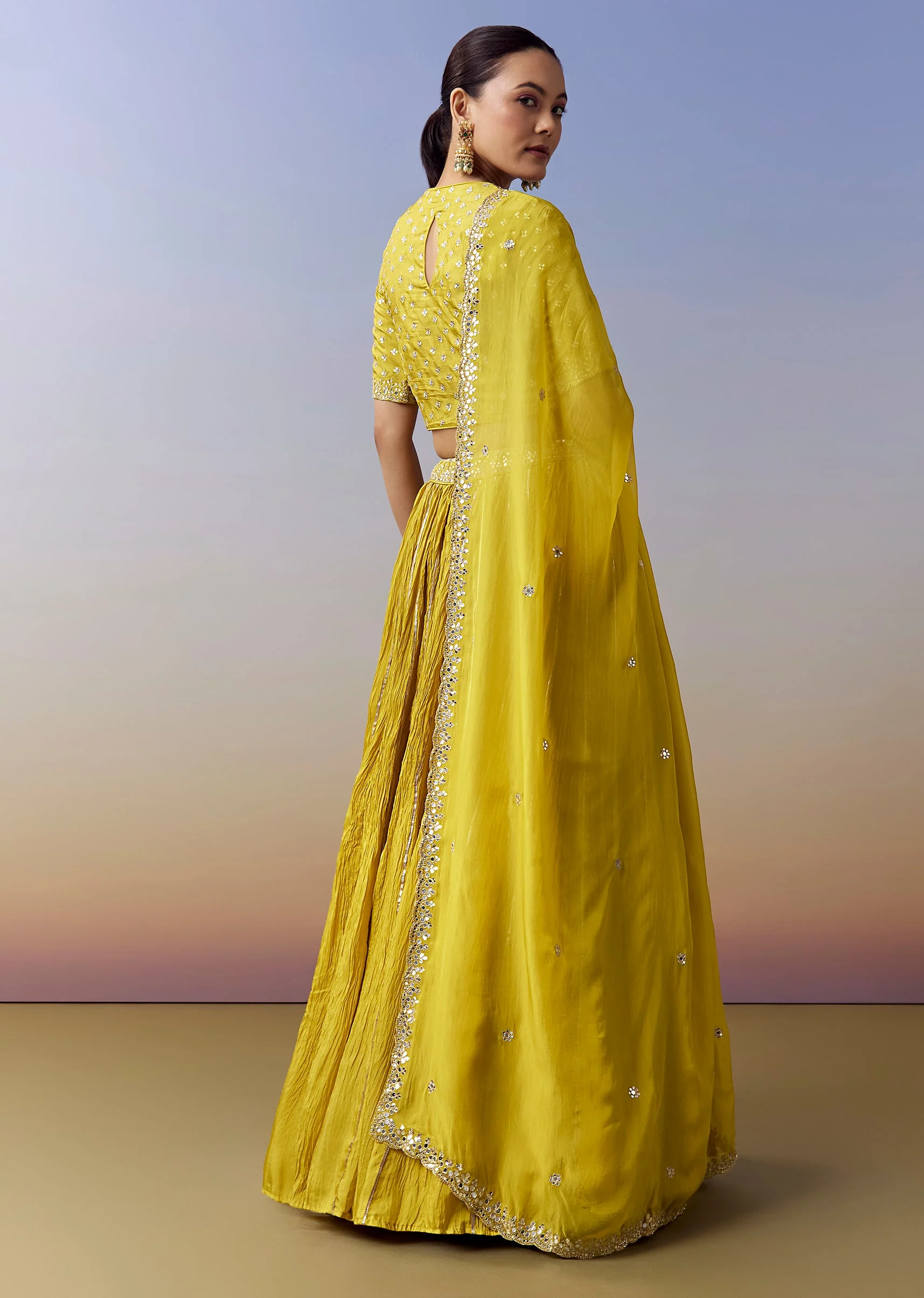 Green Bridesmaid Lehenga With Foil Mirror And Zari Work - Image 5