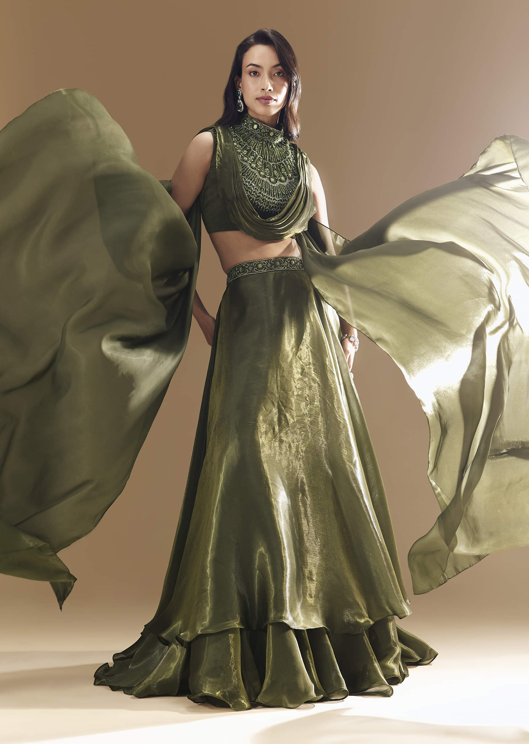 Green Bridesmaid Organza Lehega with Cowl Blouse - Image 3