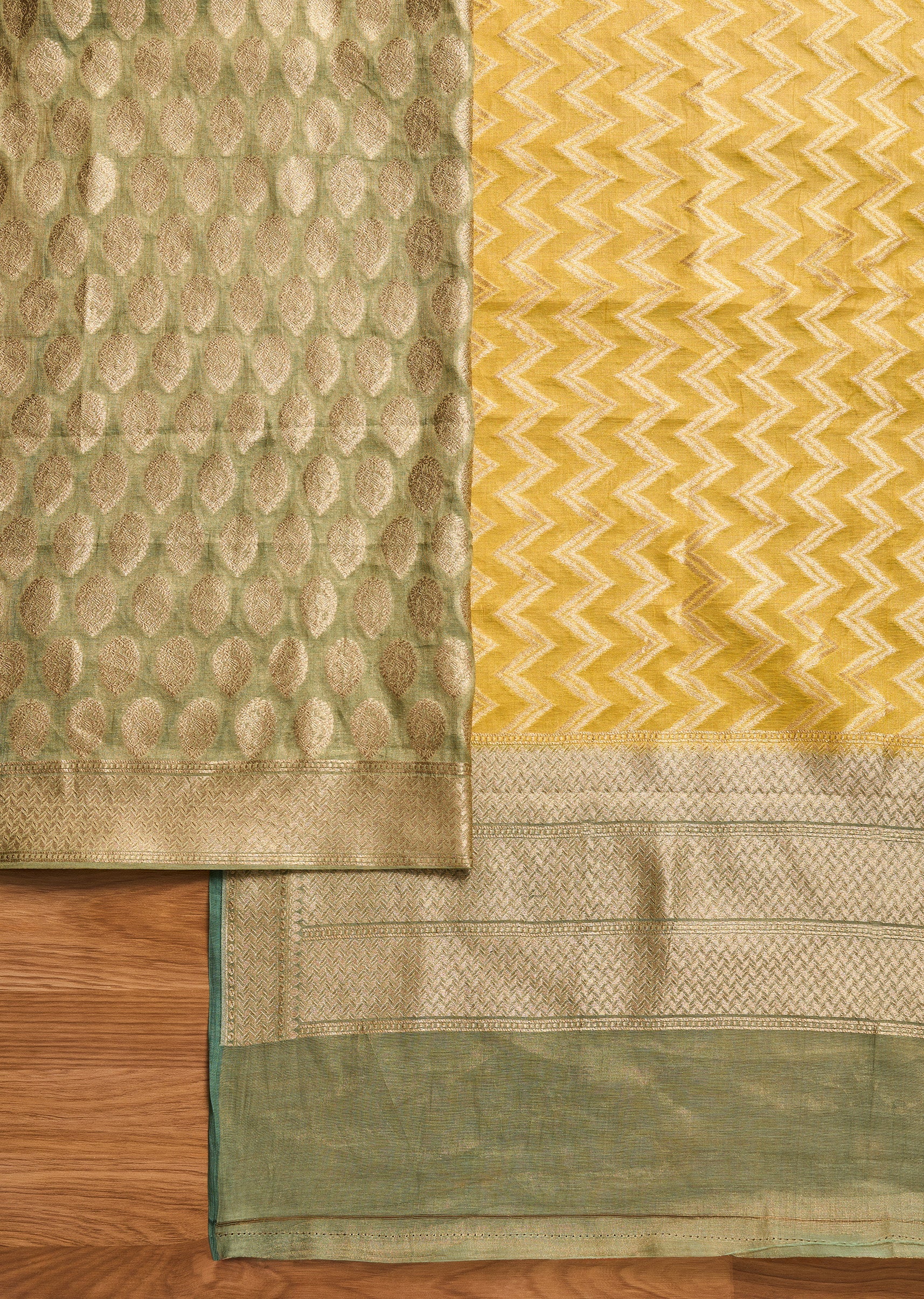 Green Brocade Banarasi Unstitched Suit With Dupatta - Image 2