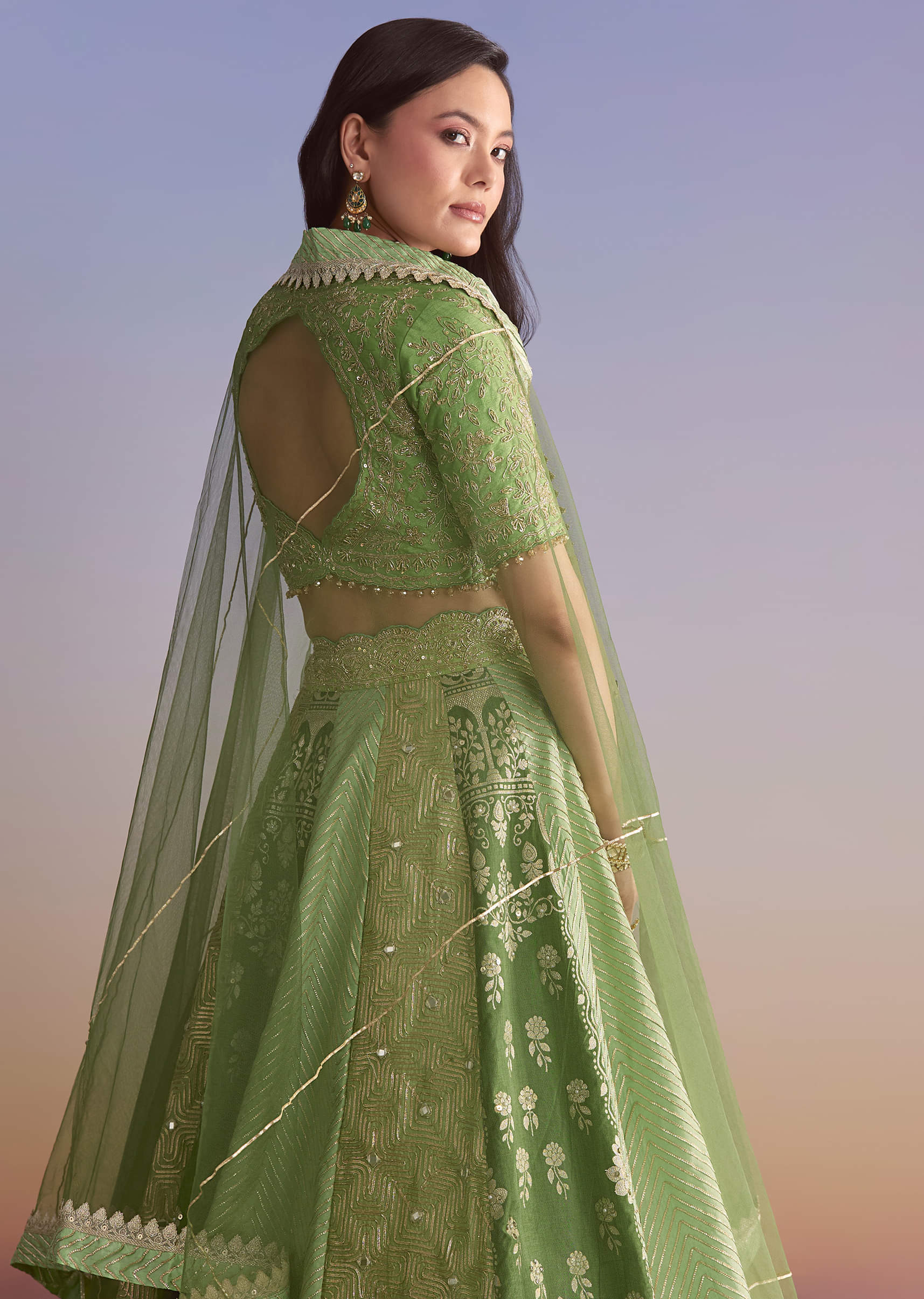 Green Brocade Silk Bridesmaid Lehenga With Zardosi Embroidery - Image 6