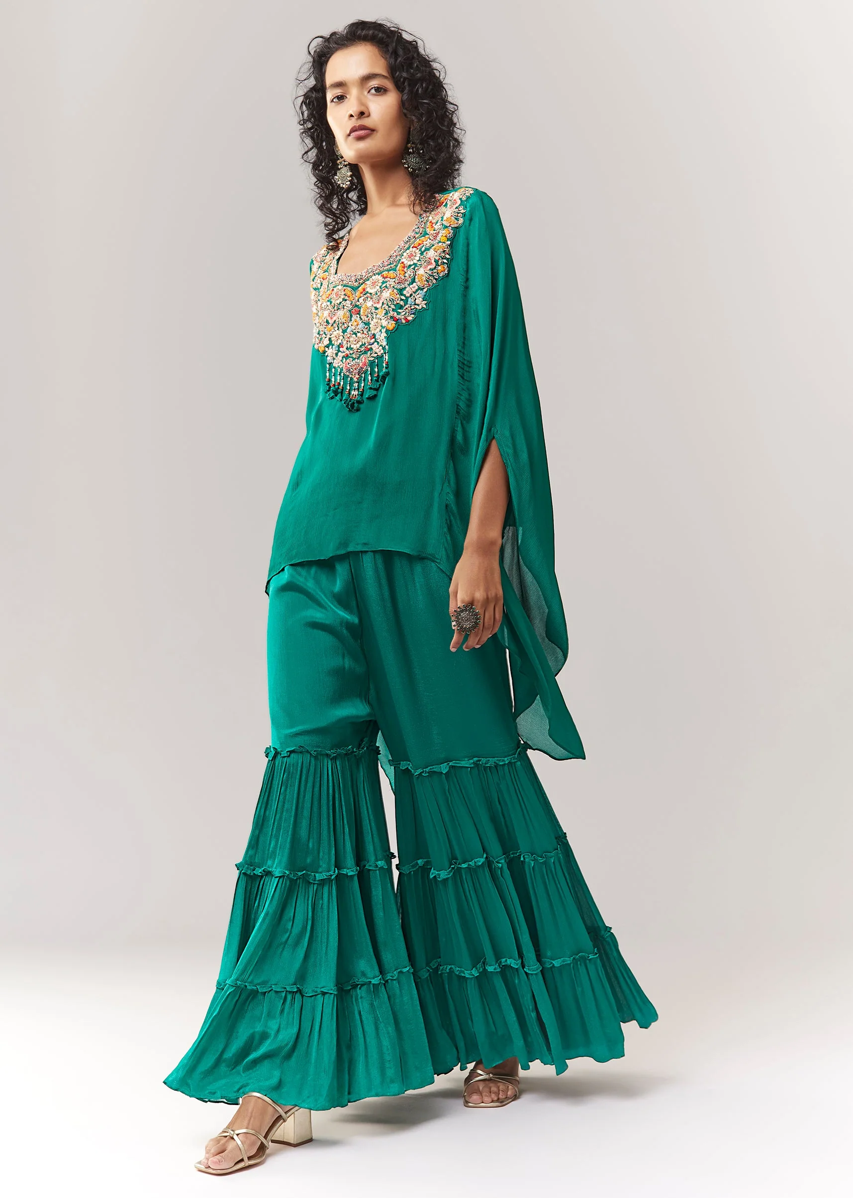 Green Cape Style Sharara Set With Thread And Zardosi - Image 3