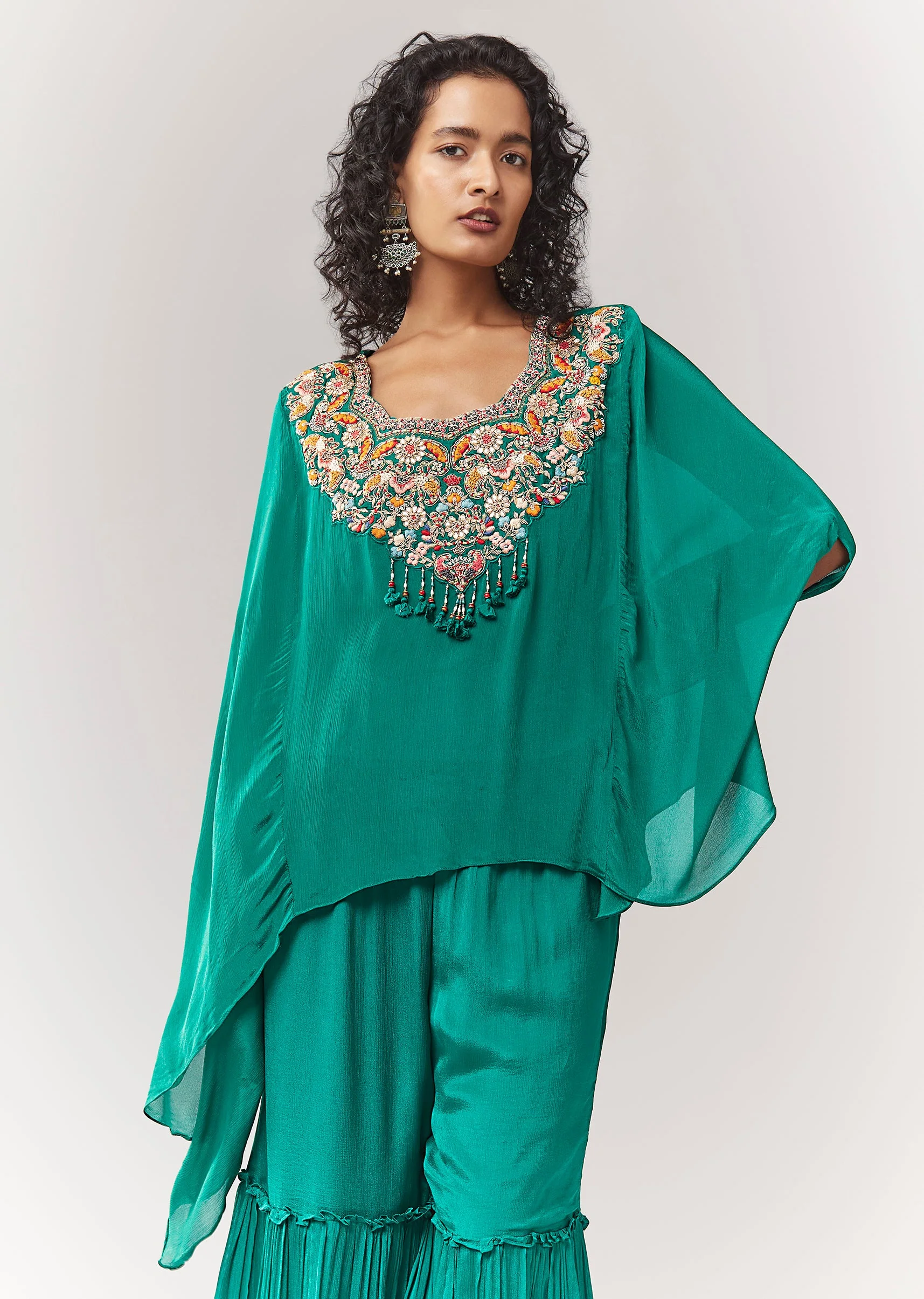 Green Cape Style Sharara Set With Thread And Zardosi - Image 4