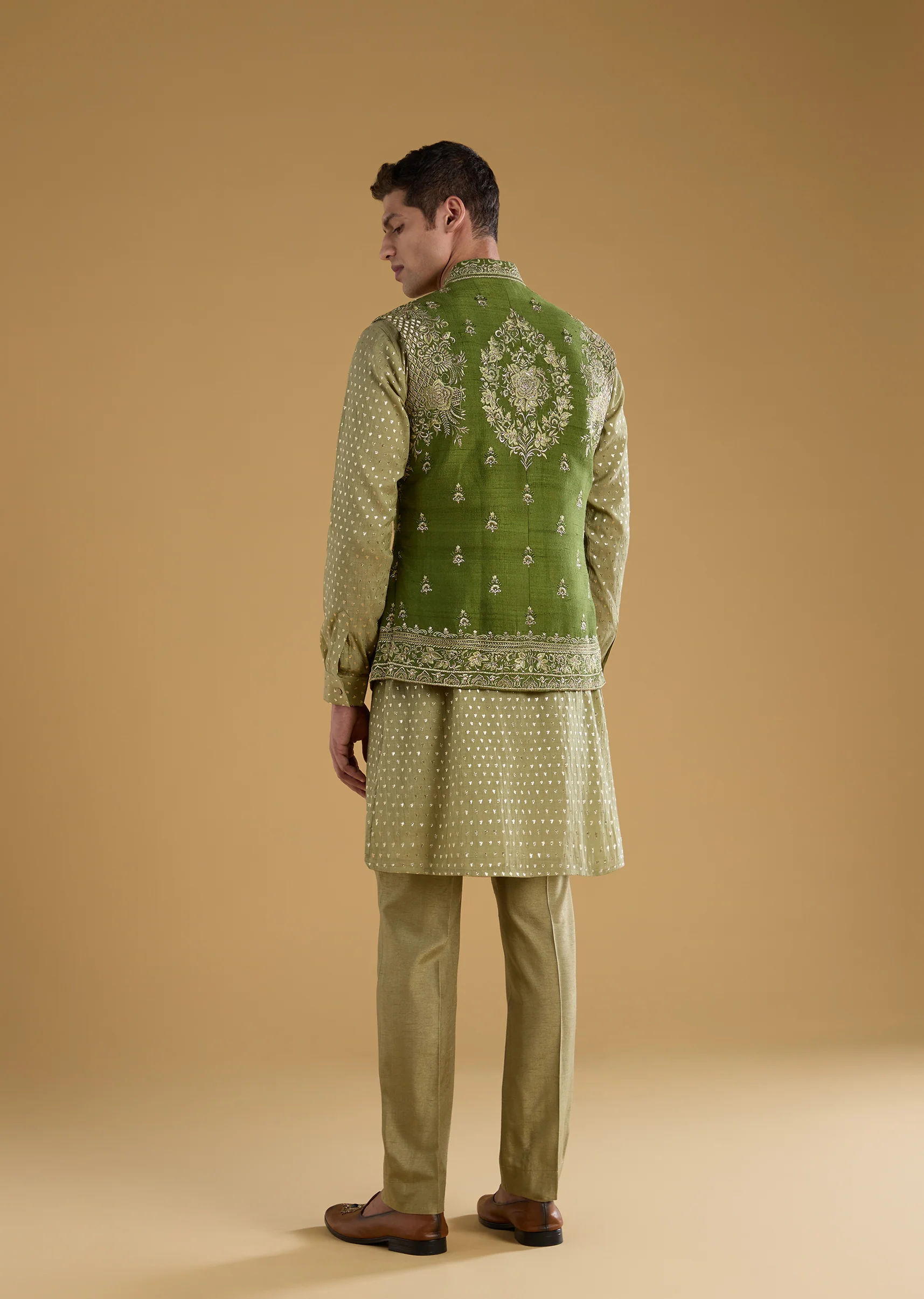 Green Celebration Duo – Tissue Bridesmaid Lehenga For Her And Chanderi Jacket Kurta Set For Him - Image 9