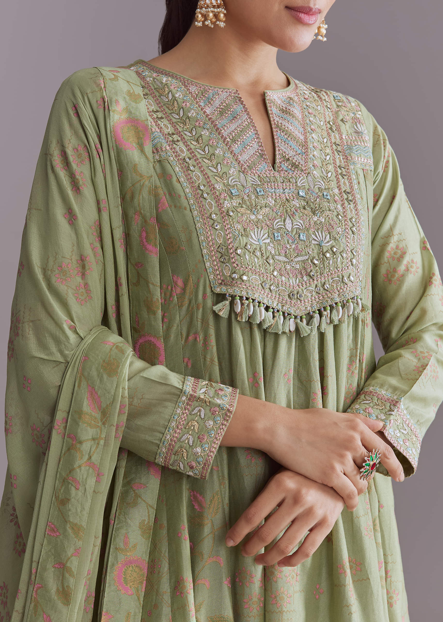 Green Chanderi Anarkali Suit With Boho Prints - Image 2