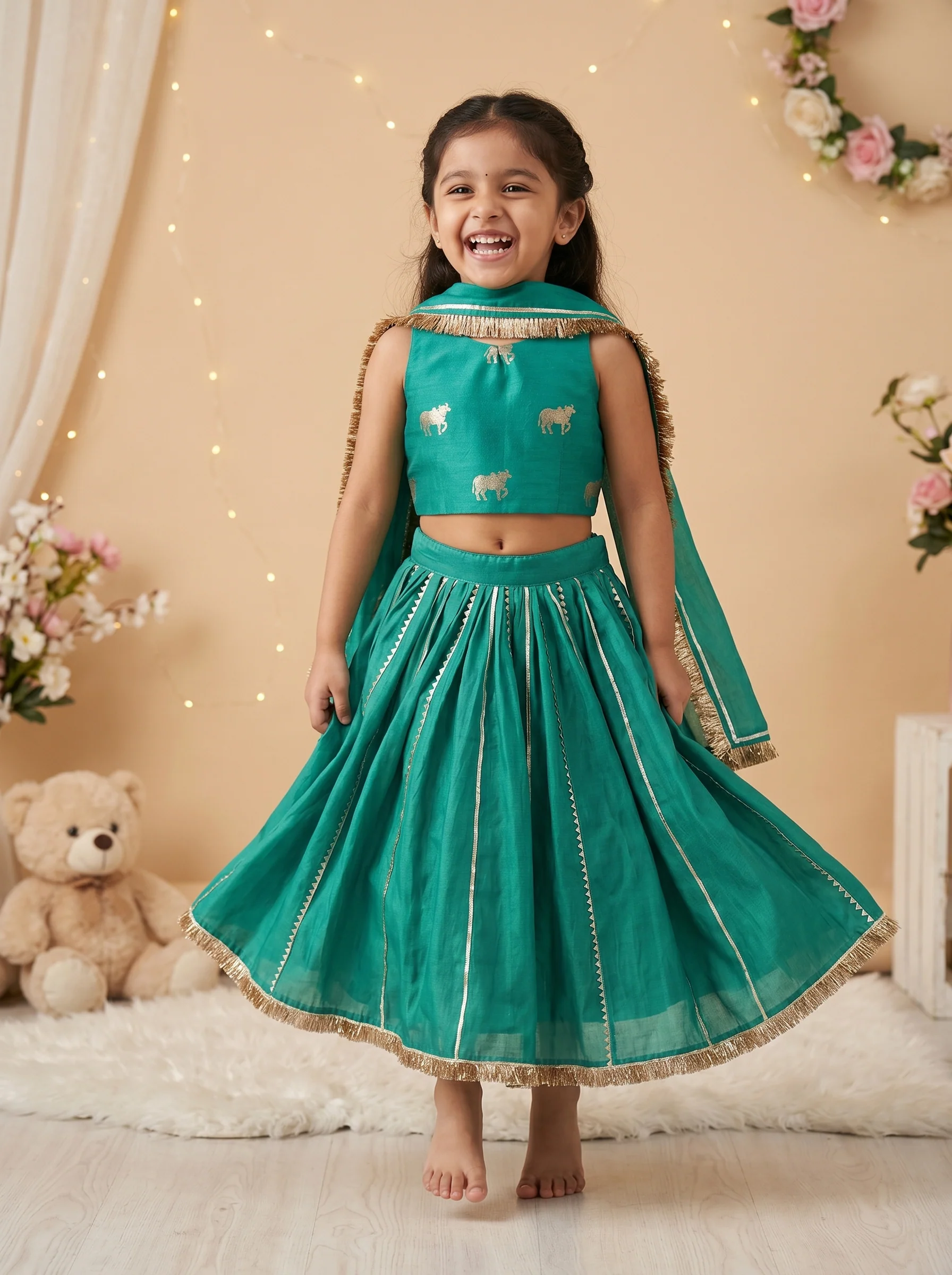 Green Chanderi Lehenga Set With Gotta Work - Image 2
