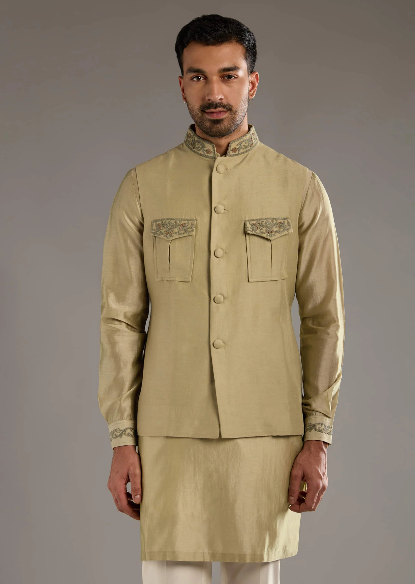 Green Chanderi Linen Kurta Jacket Set For Men With Dori Work - Image 4
