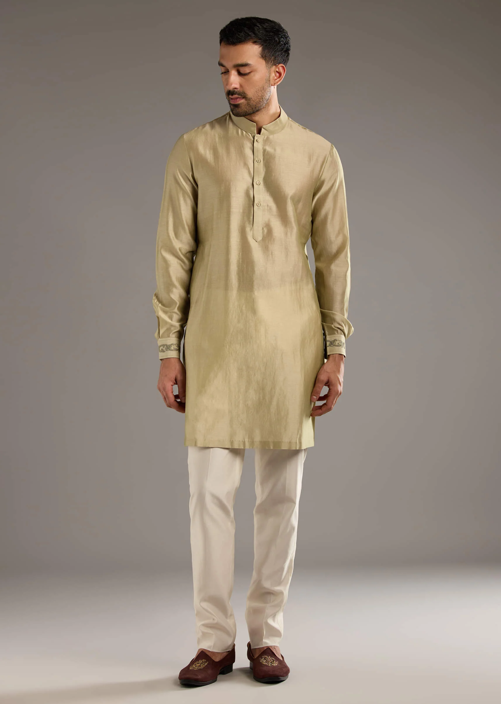 Green Chanderi Linen Kurta Jacket Set For Men With Dori Work - Image 5