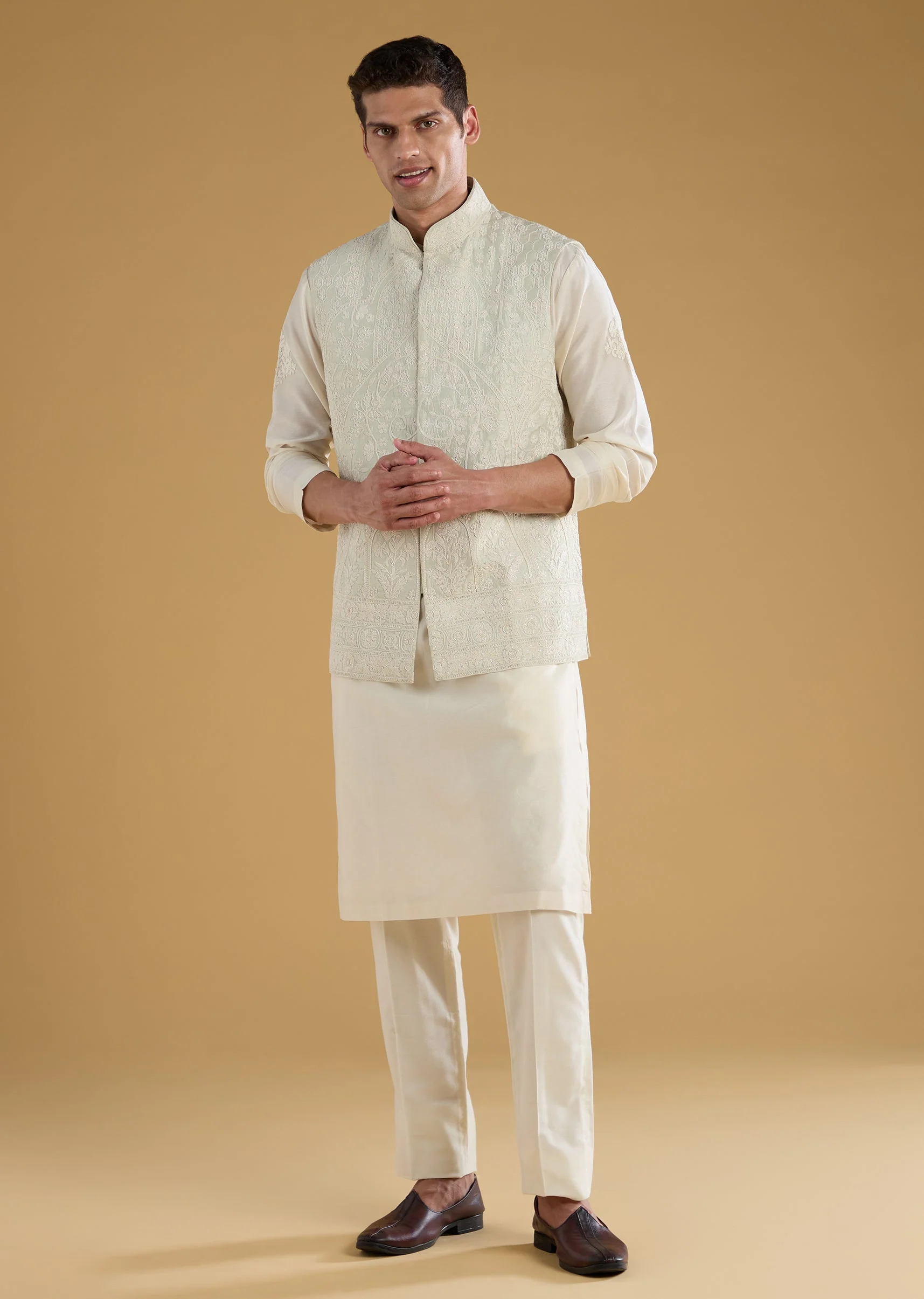 Green Chanderi Mens Jacket Kurta Set - Image 2
